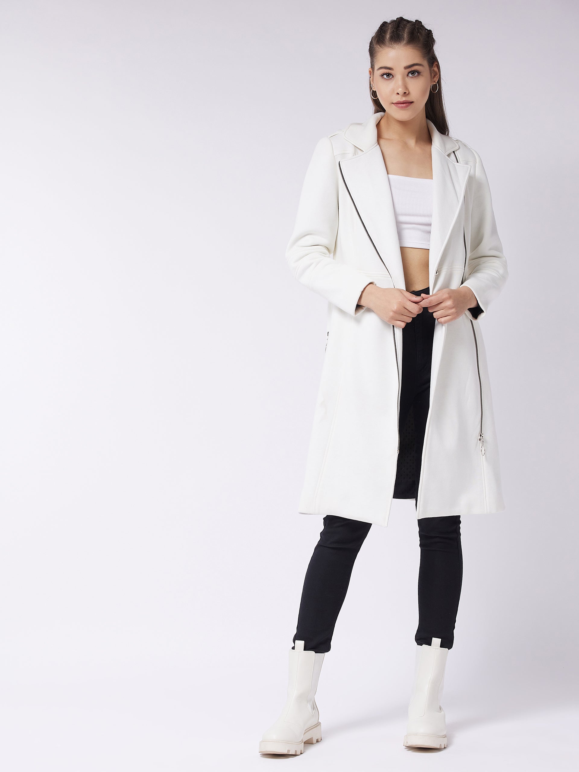 Women's Off-White Notch Collar Multi Panelled Full Sleeve Solid Double Breasted Knee Length Jacket