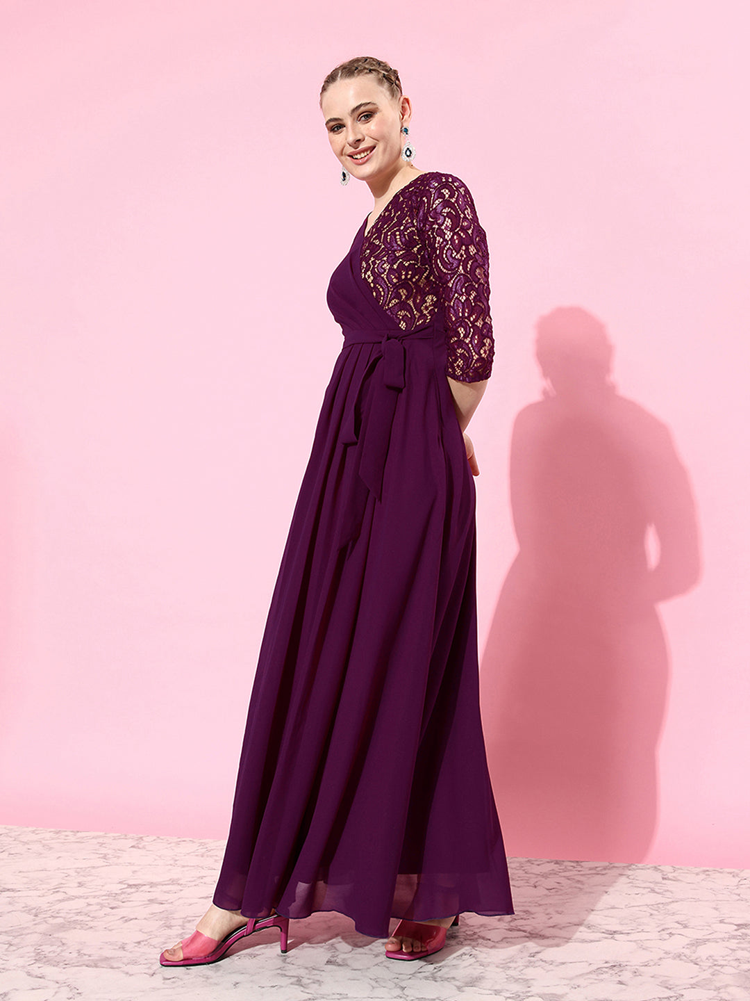 Women's Dark Purple Colored V-Neck Three-Quarter Sleeve Self-Designed Wrap Maxi Georgette Dress