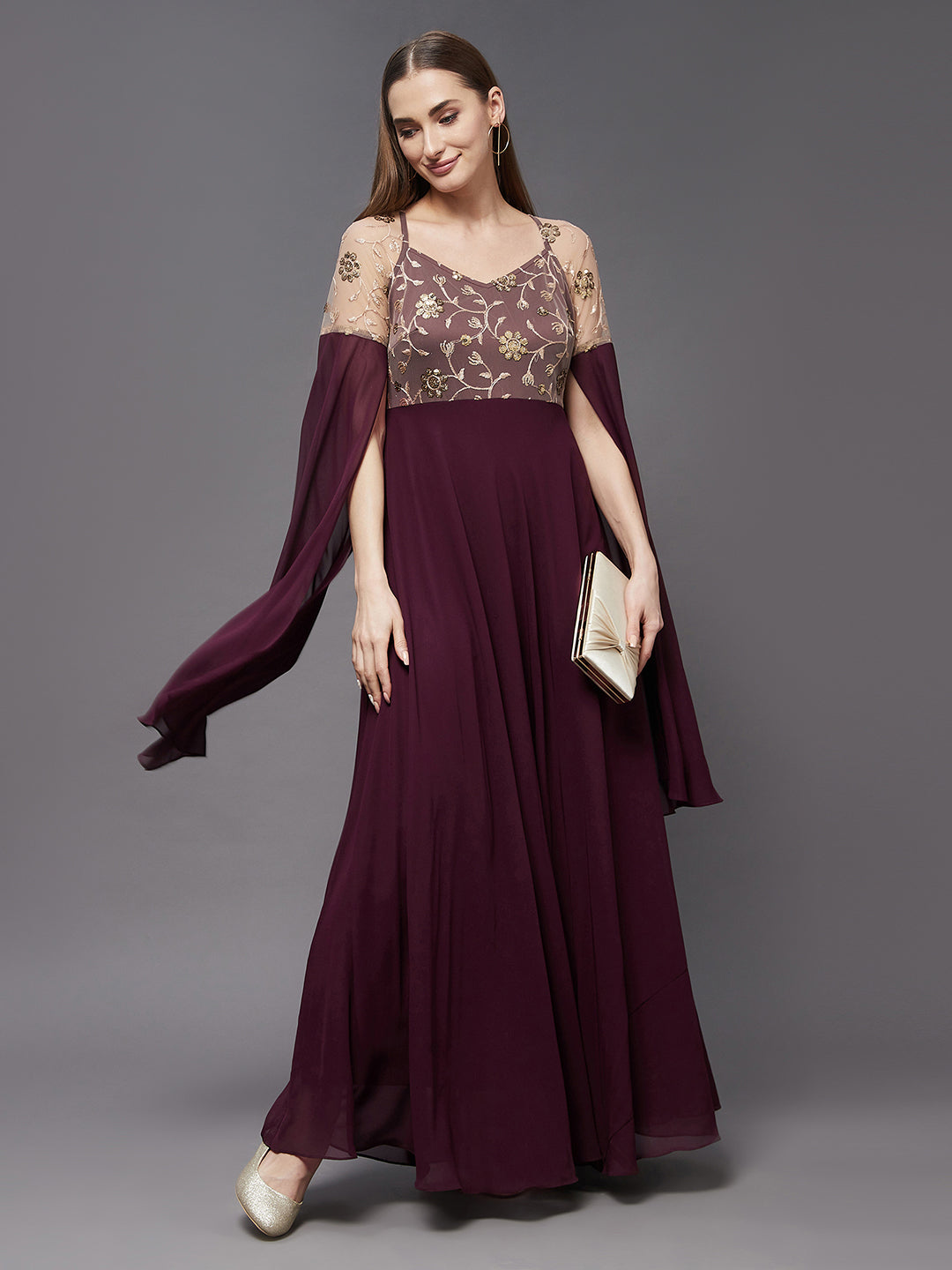 Women's Wine V-Neck Flared Long sleeve Embroidered Fit & Flare Maxi Dress