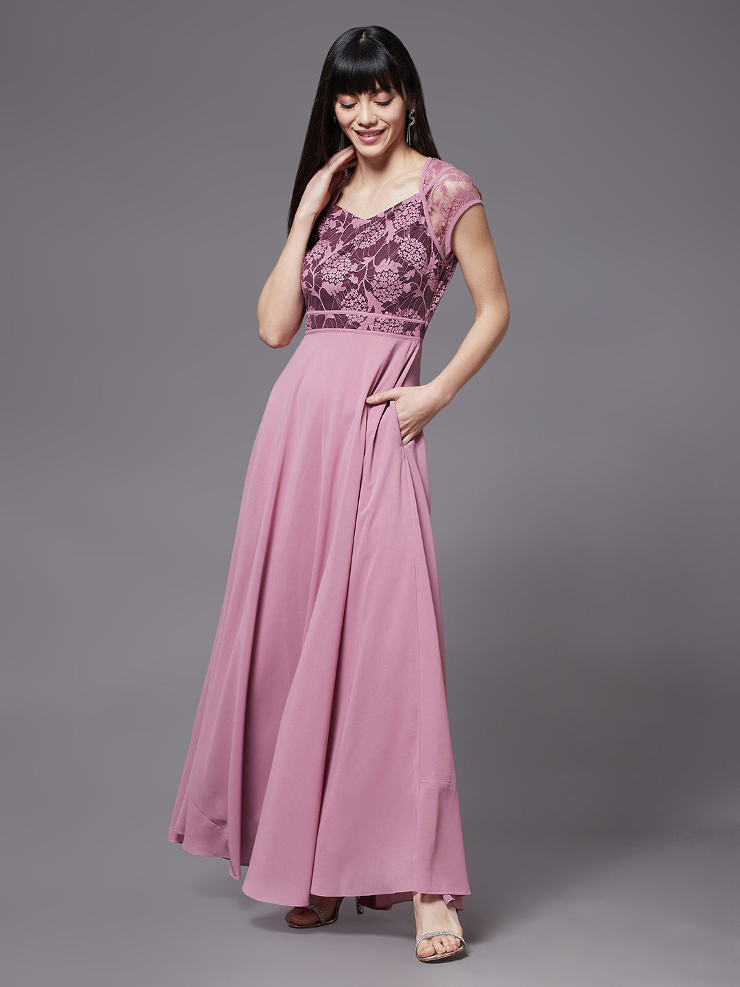 Women's Lavender & Wine V-Neck Cap Sleeves Floral Lace Fit & Flare Maxi Dress