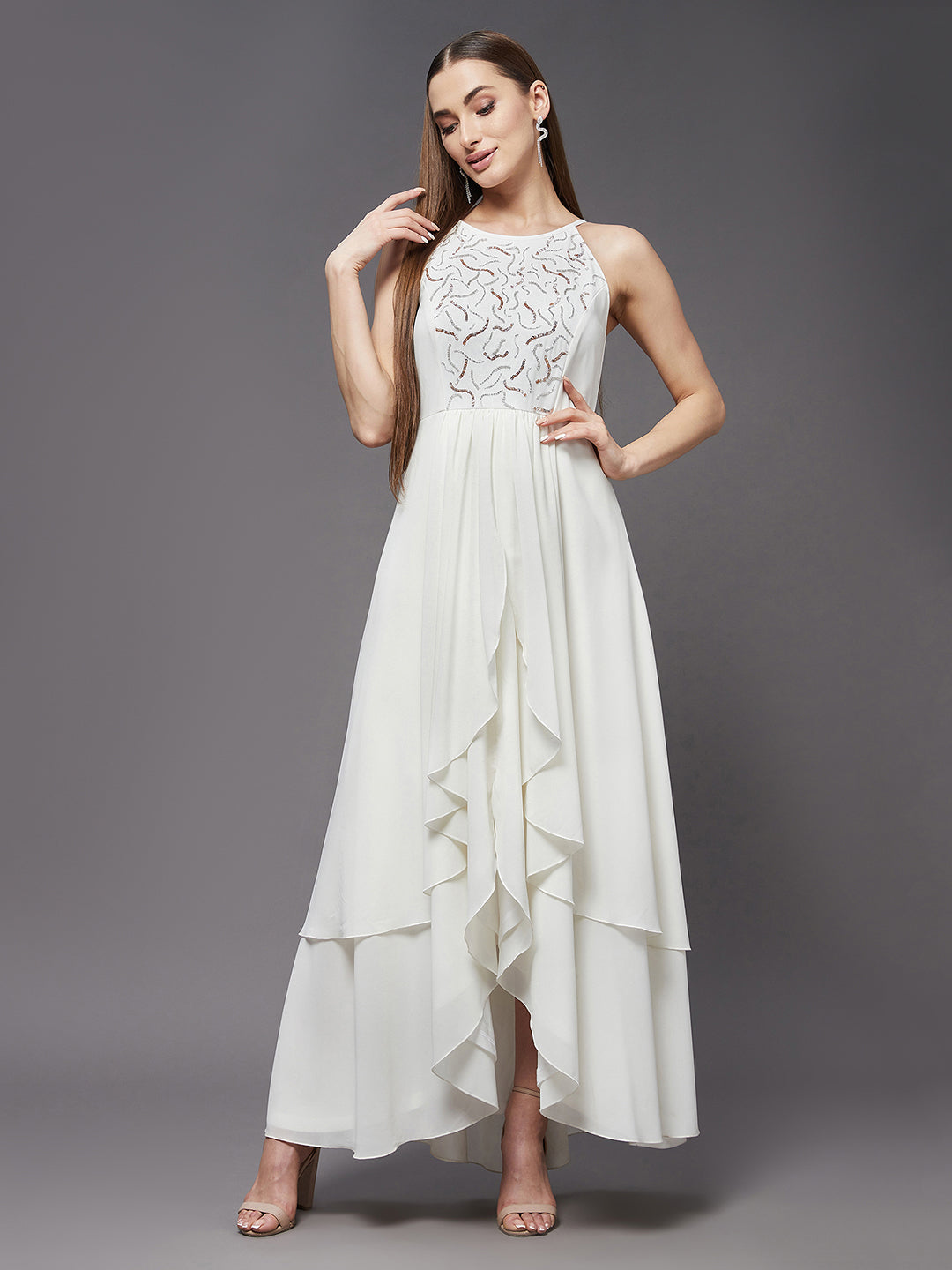 Women's Off White Round Neck Sleeveless Solid Embellished Maxi Dress