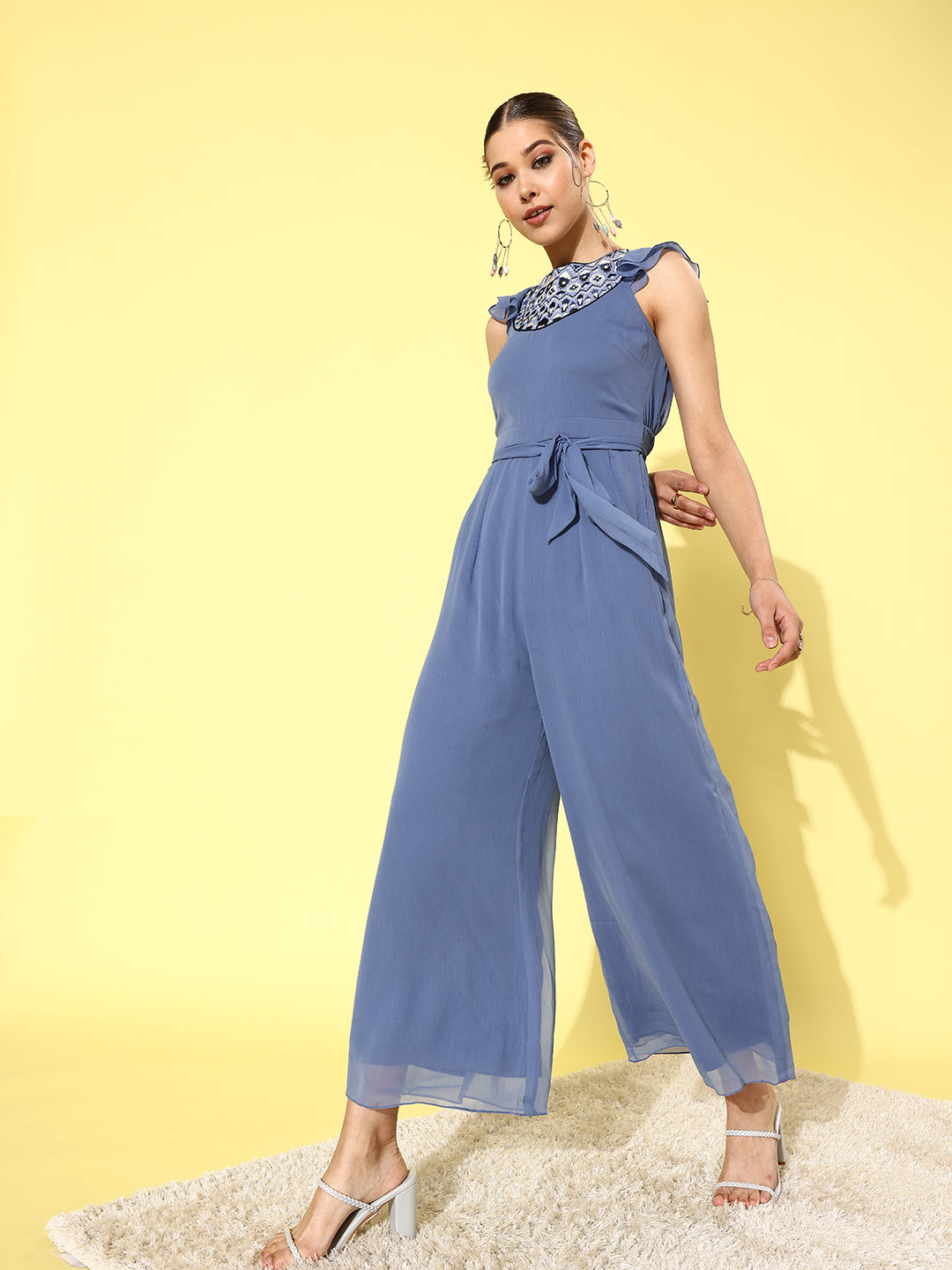 Women's Powder Blue Round Neck Ruffled Sleeve Solid Embroidered Regular Jumpsuit