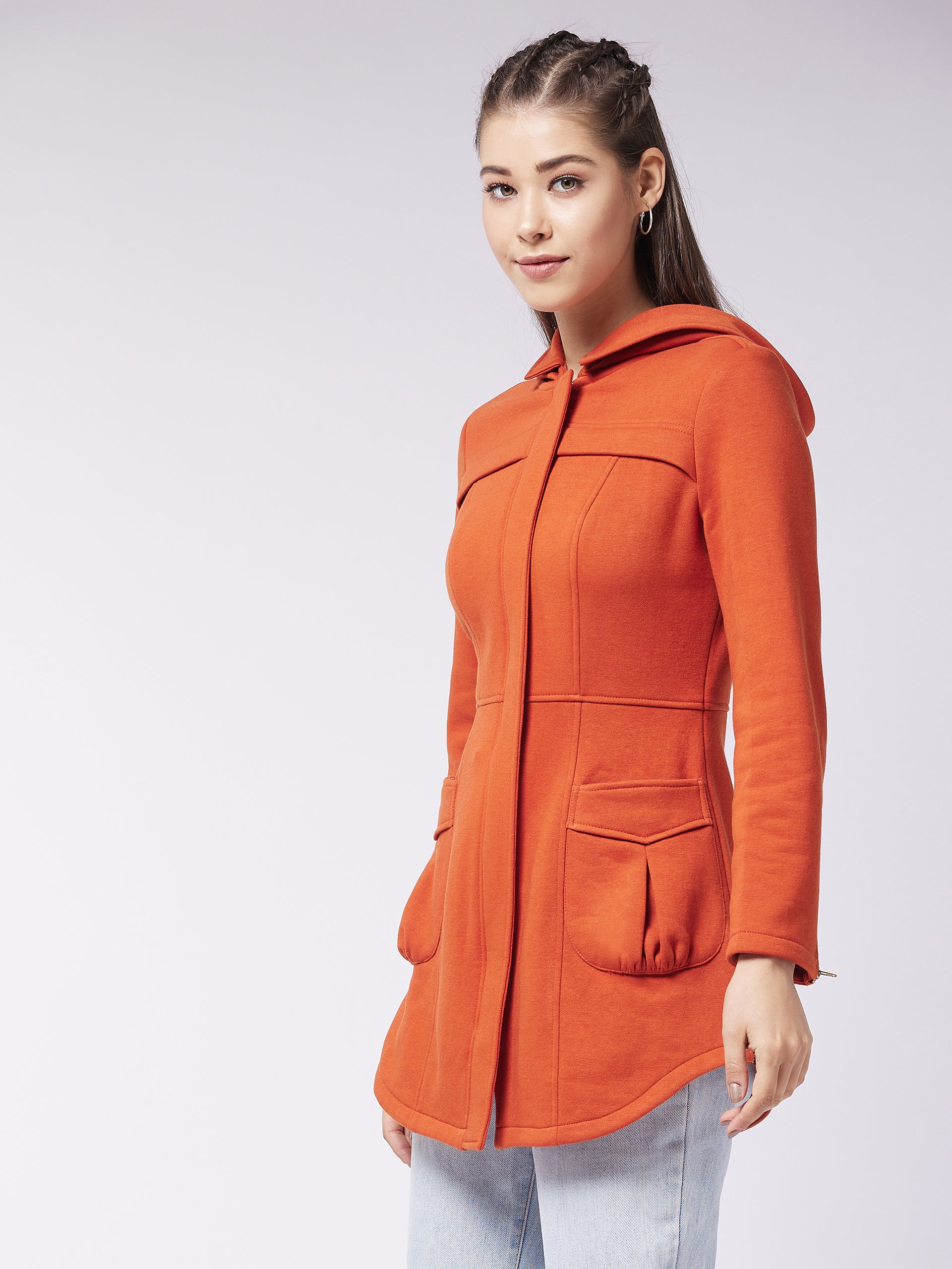 Women's Rust Hooded Full Sleeve Solid Longline Jacket