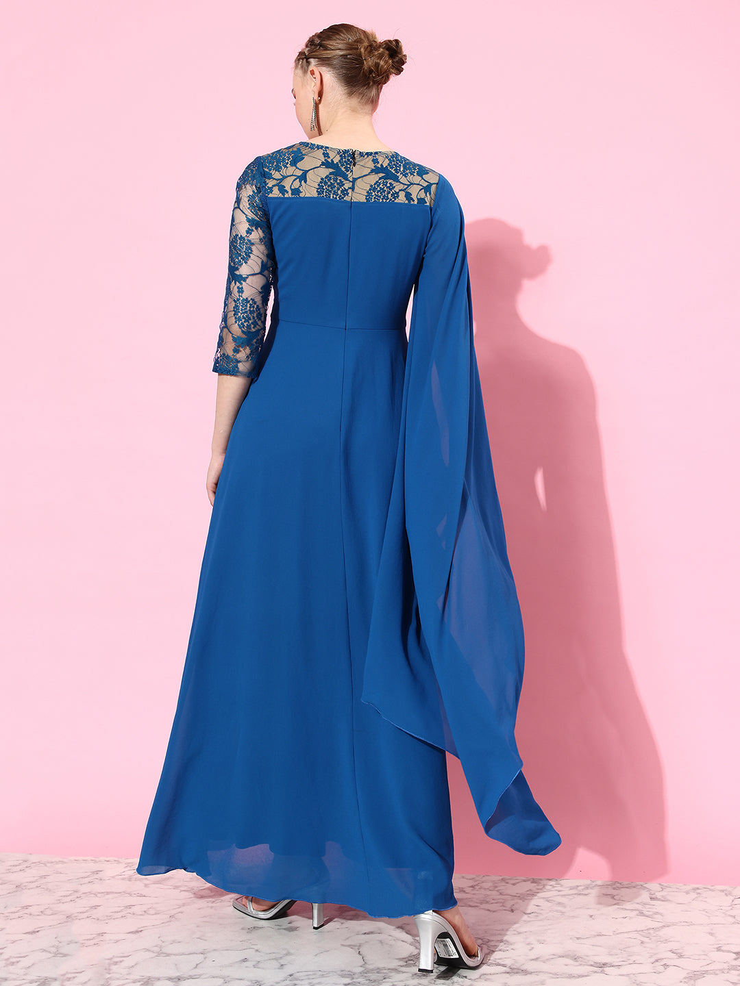 Women's Royal Blue V-Neck Asymmetric Embellished Maxi Georgette Dress