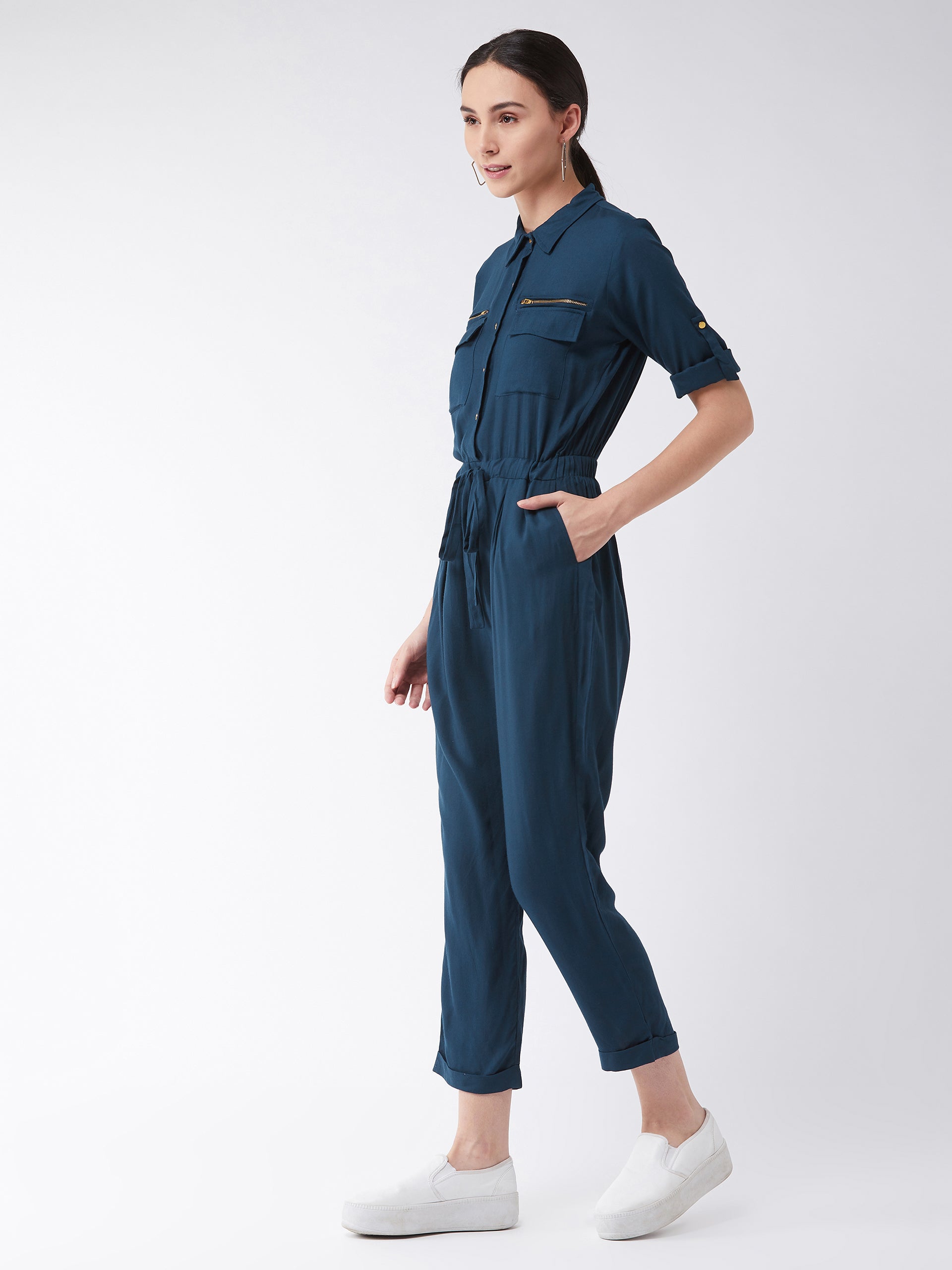 Women's Teal Blue Collared V-Neck 3/4 Sleeves Straight Leg Tie-Up Solid Belted Wrap Jumpsuit