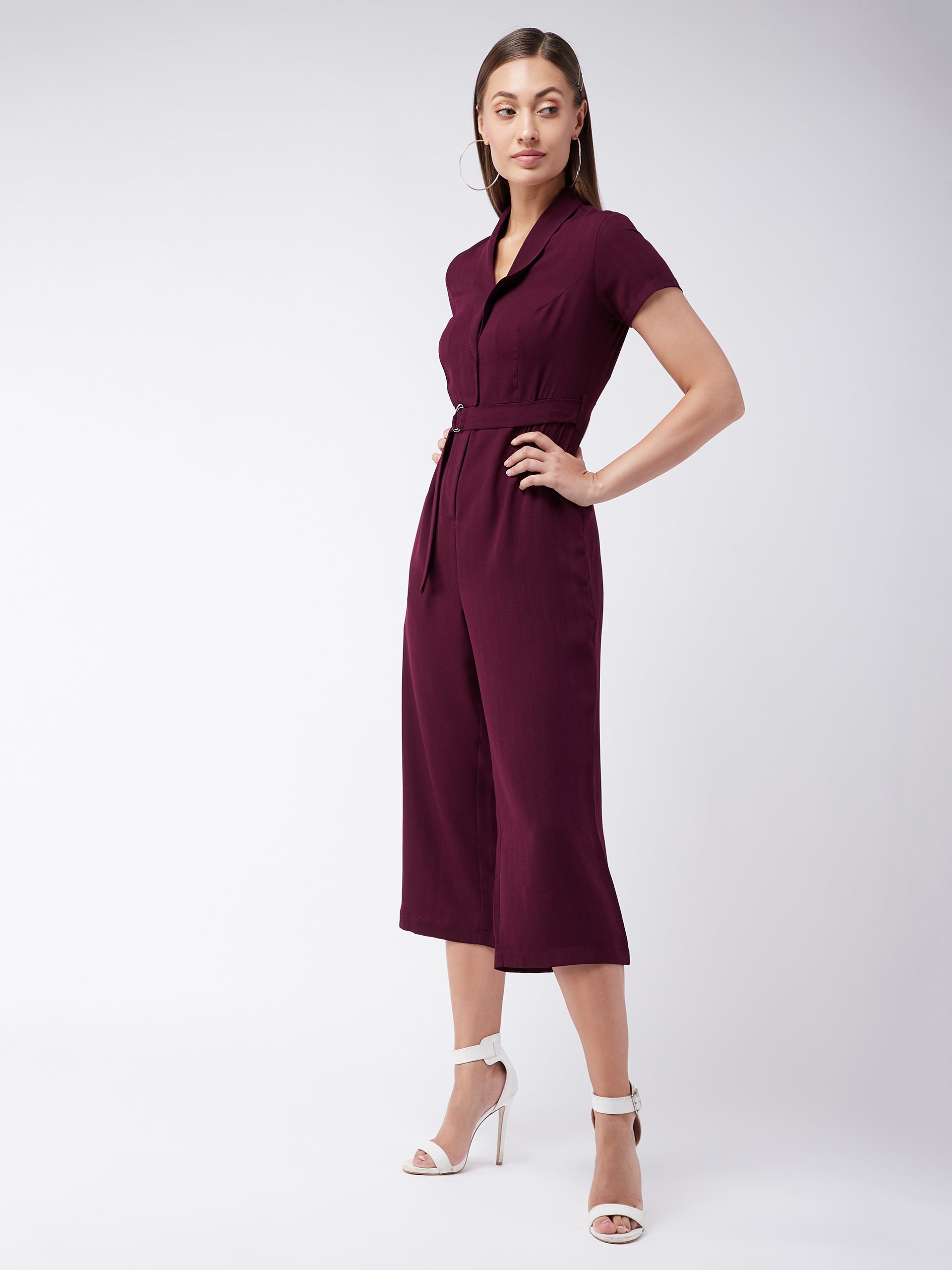 Women's Purple Shawl Collar Half Sleeve Solid Straight Leg Regular Jumpsuit