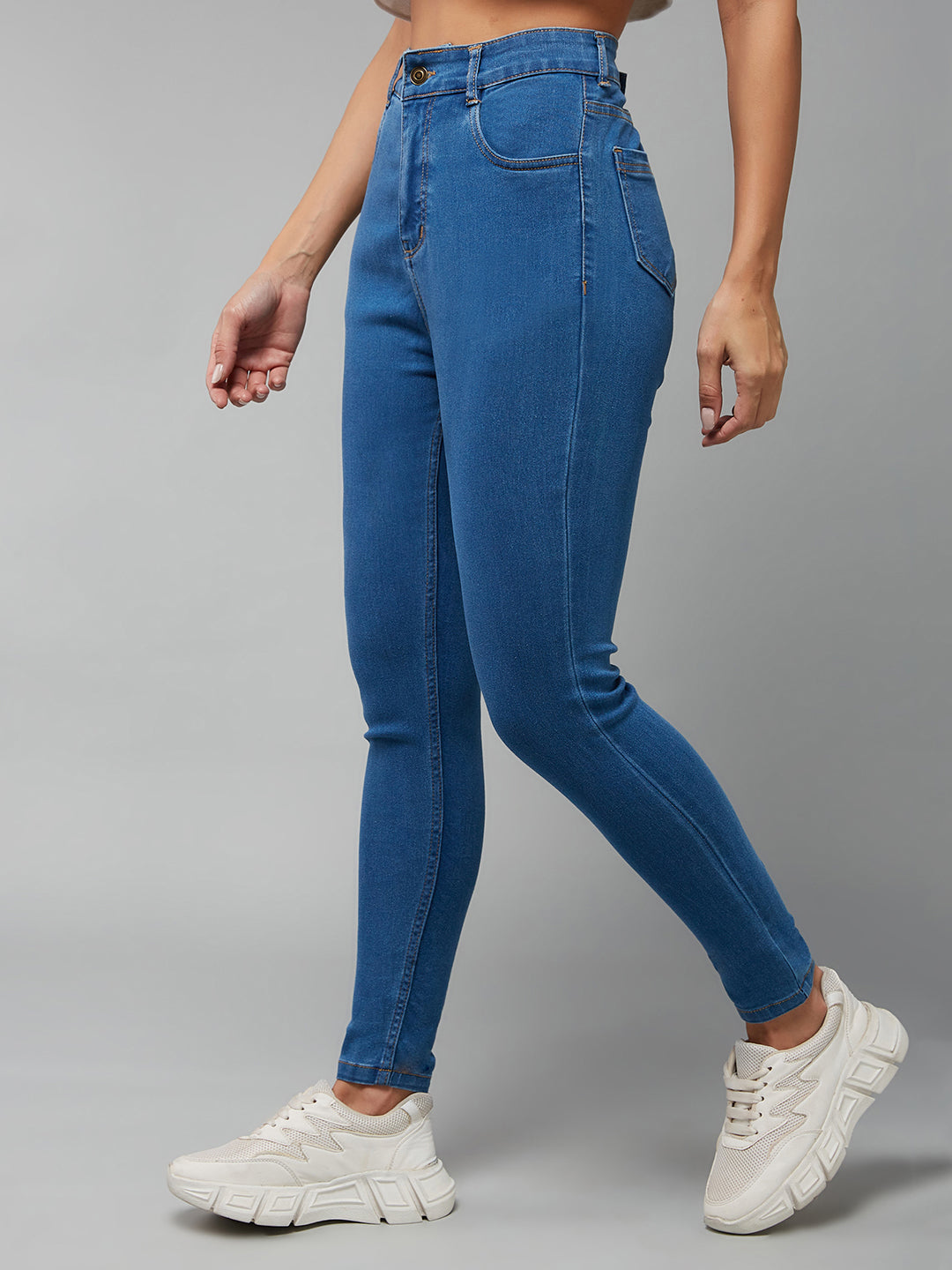 Women's Blue Skinny High Rise Clean Look Cropped Stretchable Denim Jeans