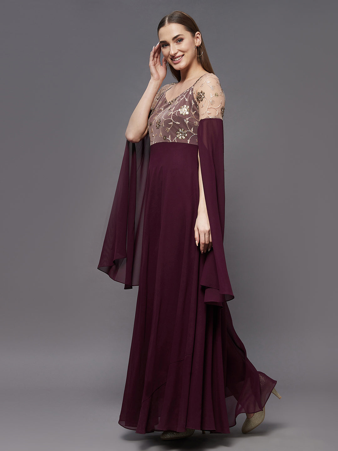 Women's Wine V-Neck Flared Long sleeve Embroidered Fit & Flare Maxi Dress