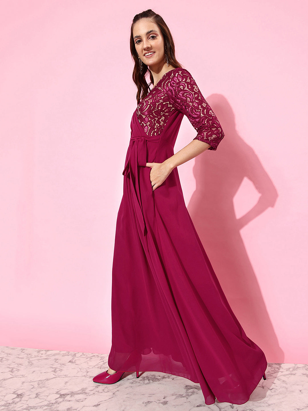 Women's Dark Pink Colored V-Neck Three-Quarter Sleeve Self-Designed Wrap Maxi Georgette Dress