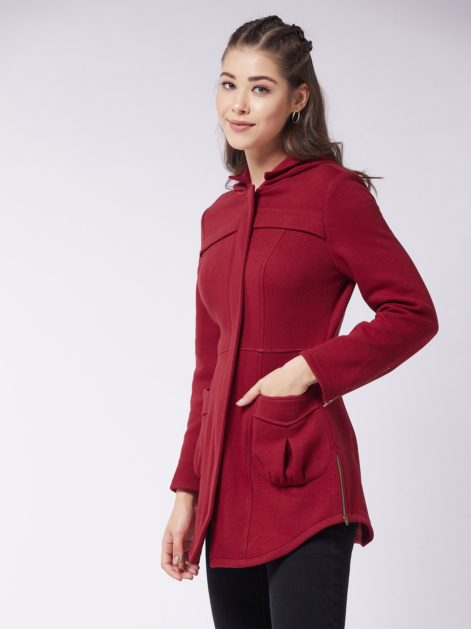 Women's Maroon Hooded Full Sleeve Solid Longline Jacket