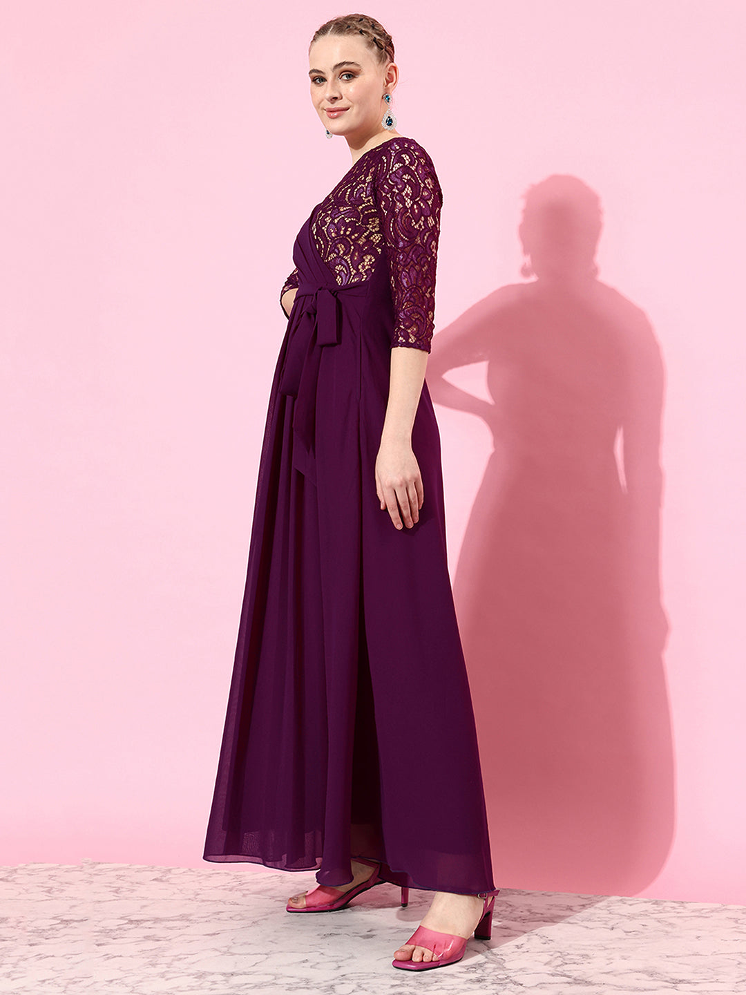 Women's Dark Purple Colored V-Neck Three-Quarter Sleeve Self-Designed Wrap Maxi Georgette Dress