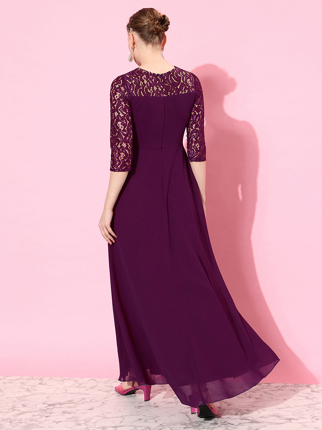 Women's Dark Purple Colored V-Neck Three-Quarter Sleeve Self-Designed Wrap Maxi Georgette Dress