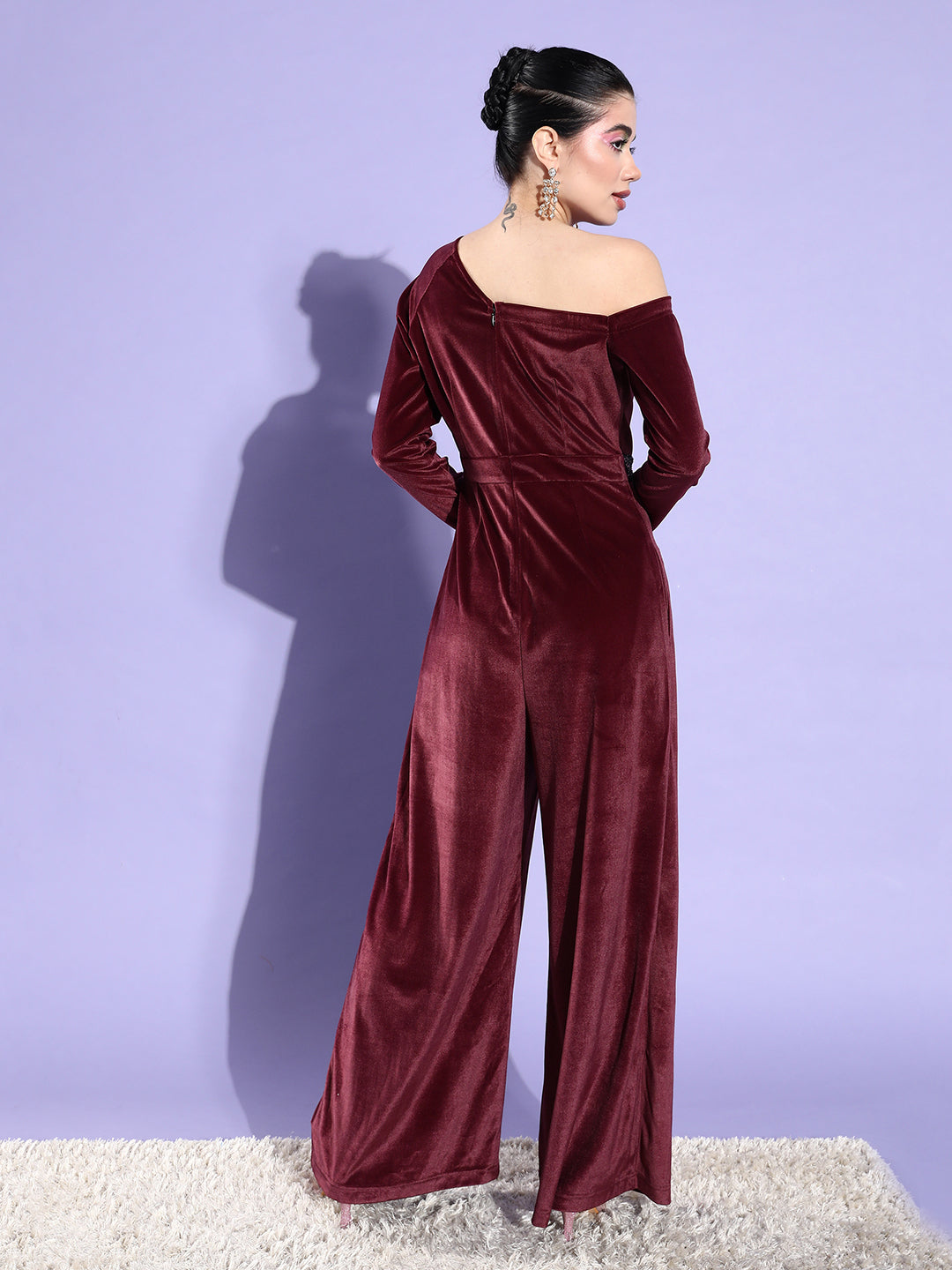 Crease Ease Women's Dark Mauve One Shoulder Full Sleeve Solid Asymmetric Regular-Length Velvet Jumpsuit