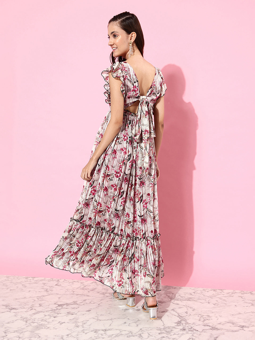 Women's Multicolored-Base-Off White Square Neck Layered Ruffles Sleeve Floral Patterned Tiered Maxi Georgette Dress