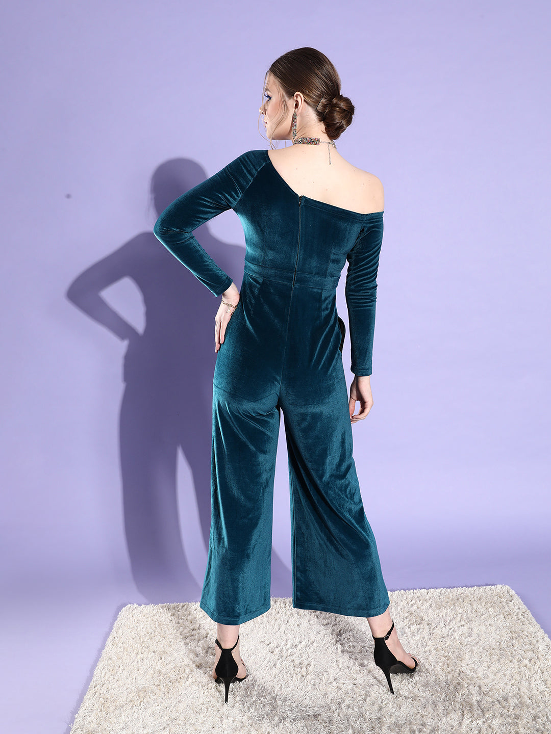 Crease Ease Women's Teal-Colored One Shoulder Full Sleeve Solid Asymmetric Regular-Length Velvet Jumpsuit