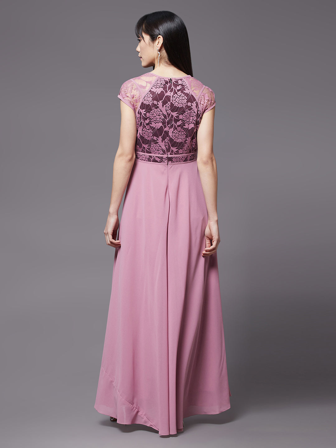 Women's Lavender & Wine V-Neck Cap Sleeves Floral Lace Fit & Flare Maxi Dress