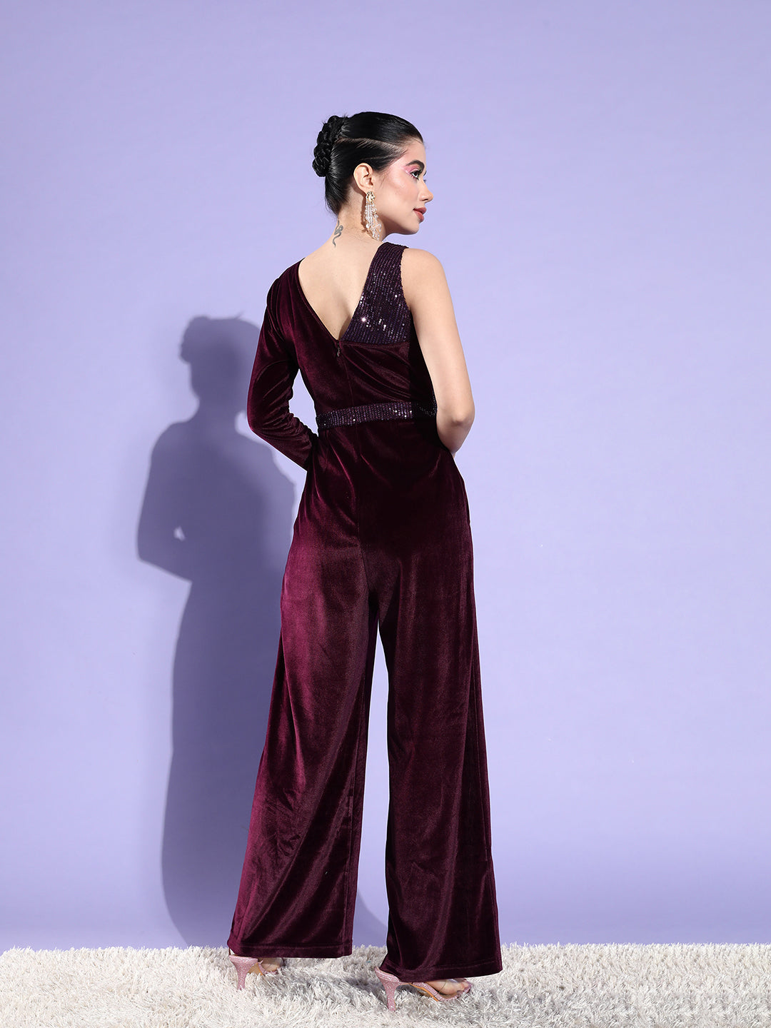 Crease Ease Women's Dark Purple V-Neck Full Sleeve Solid Asymmetric Regular-Length Velvet Jumpsuit