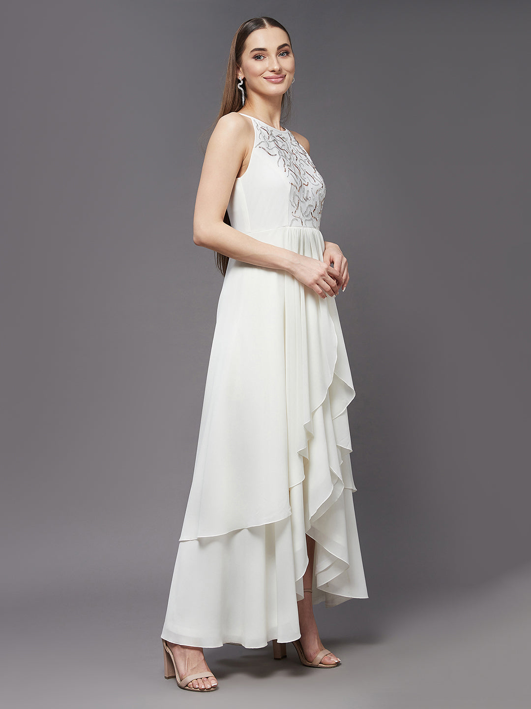 Women's Off White Round Neck Sleeveless Solid Embellished Maxi Dress