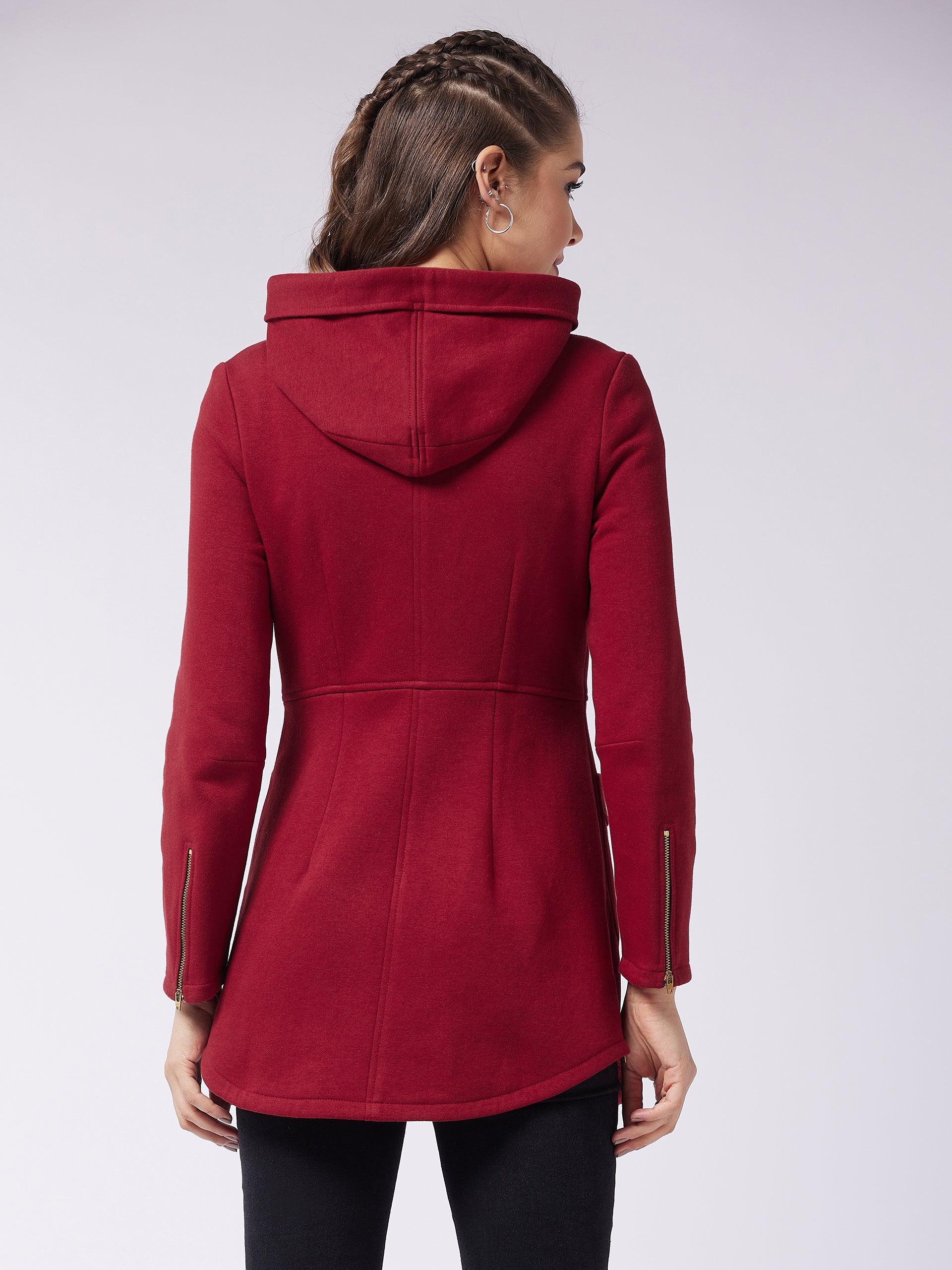 Women's Maroon Hooded Full Sleeve Solid Longline Jacket