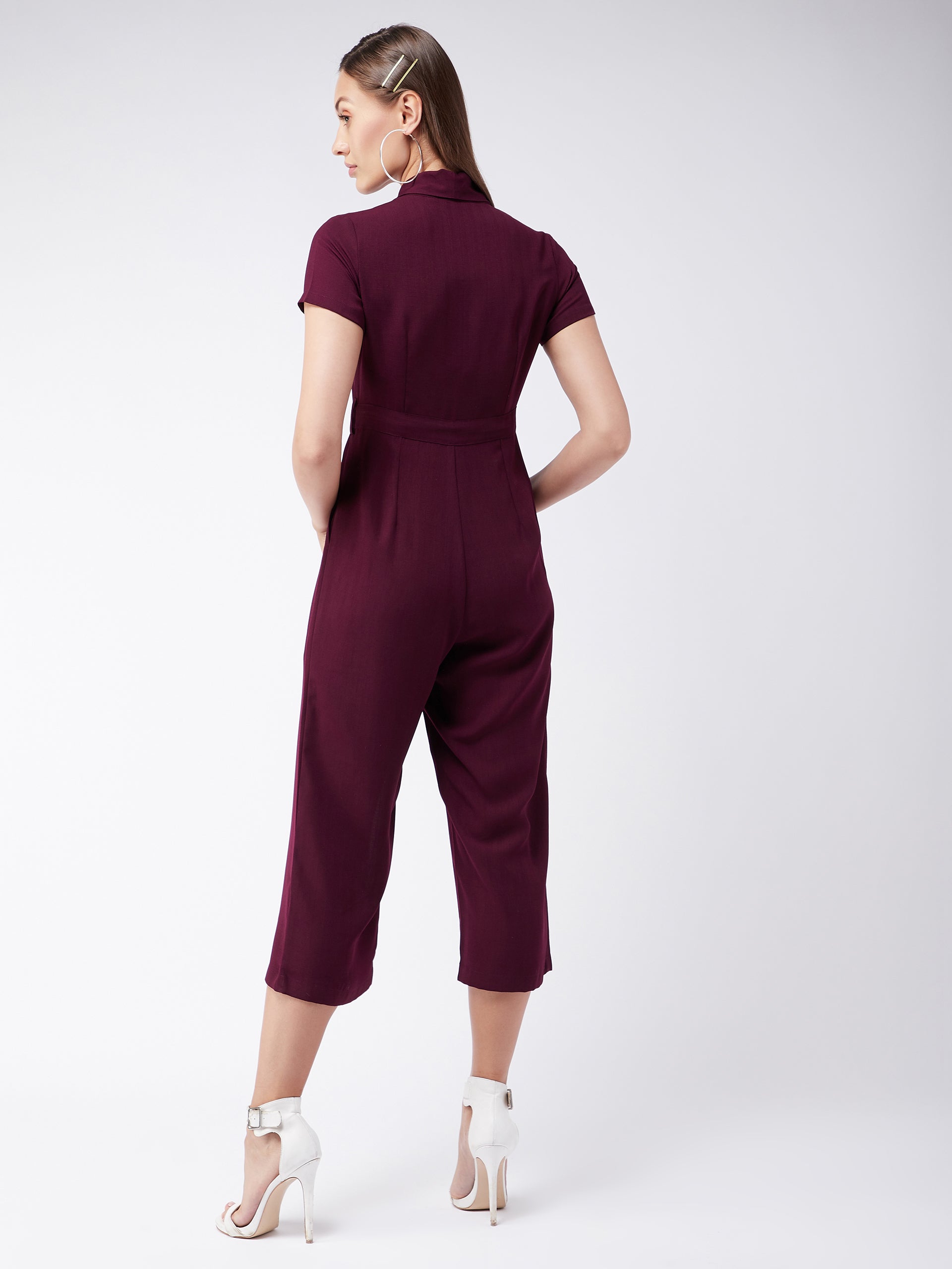 Women's Purple Shawl Collar Half Sleeve Solid Straight Leg Regular Jumpsuit