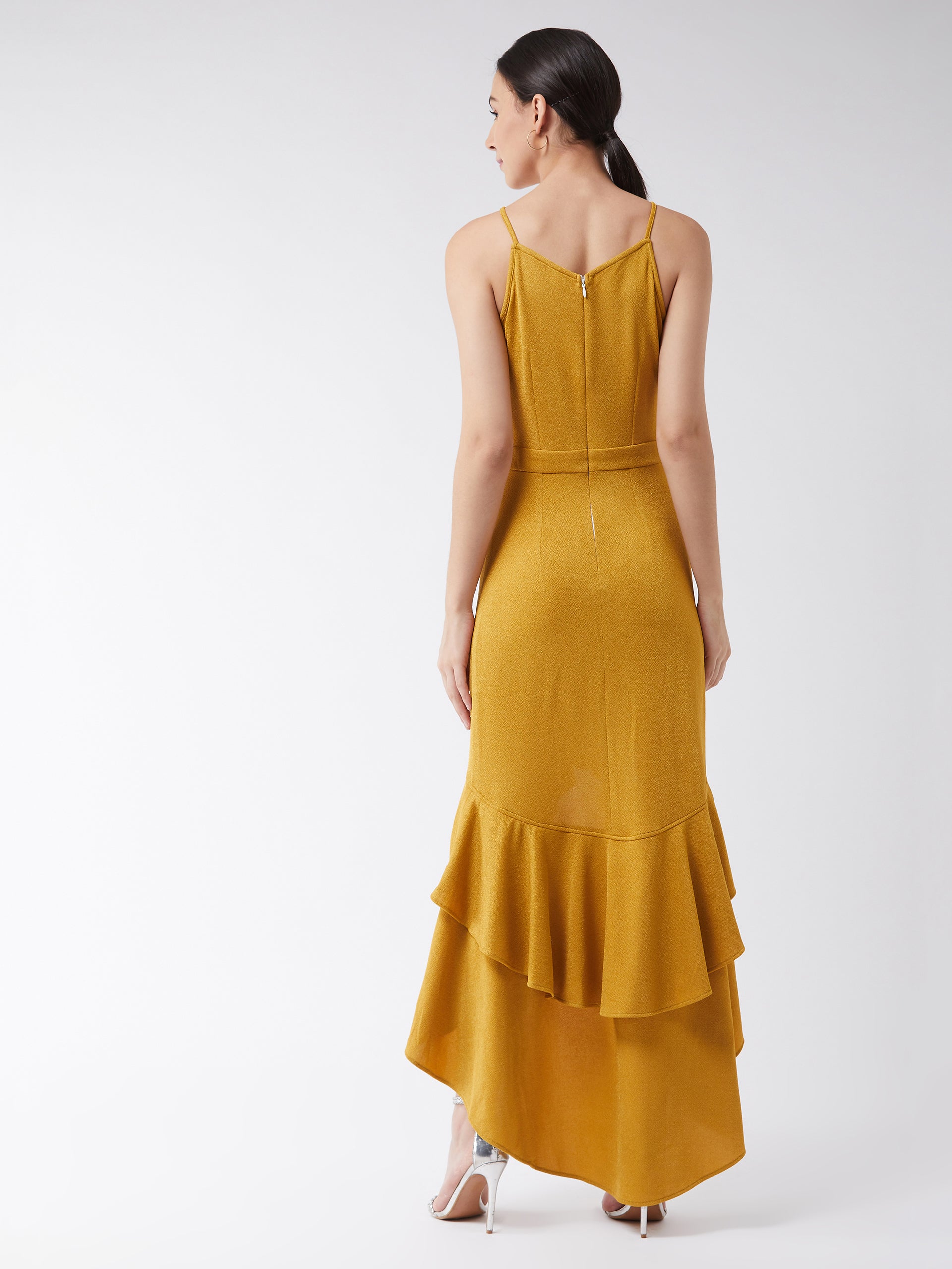 Crease Ease Women's Mustard Halter Neck Sleeveless Solid Ruffled Maxi Dress