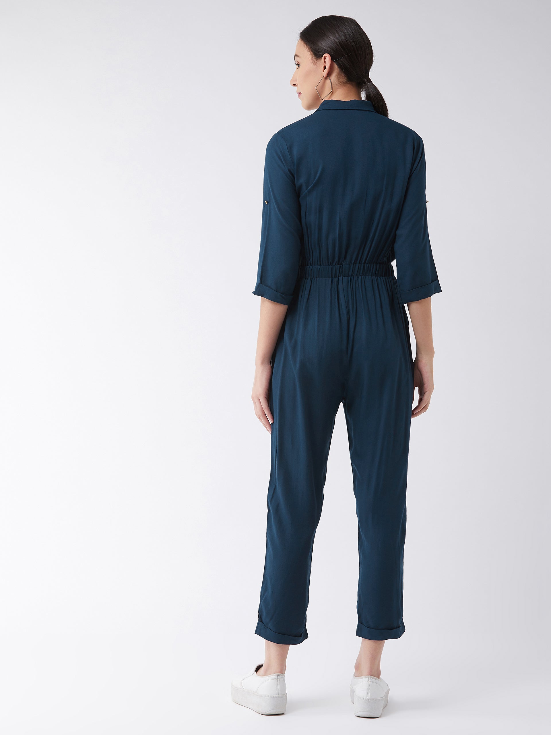 Women's Teal Blue Collared V-Neck 3/4 Sleeves Straight Leg Tie-Up Solid Belted Wrap Jumpsuit