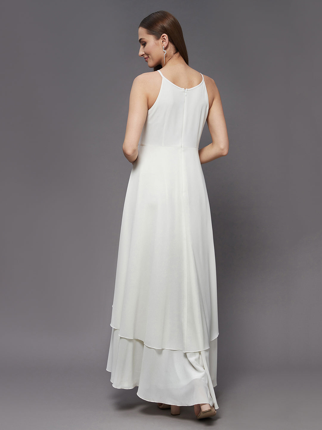 Women's Off White Round Neck Sleeveless Solid Embellished Maxi Dress