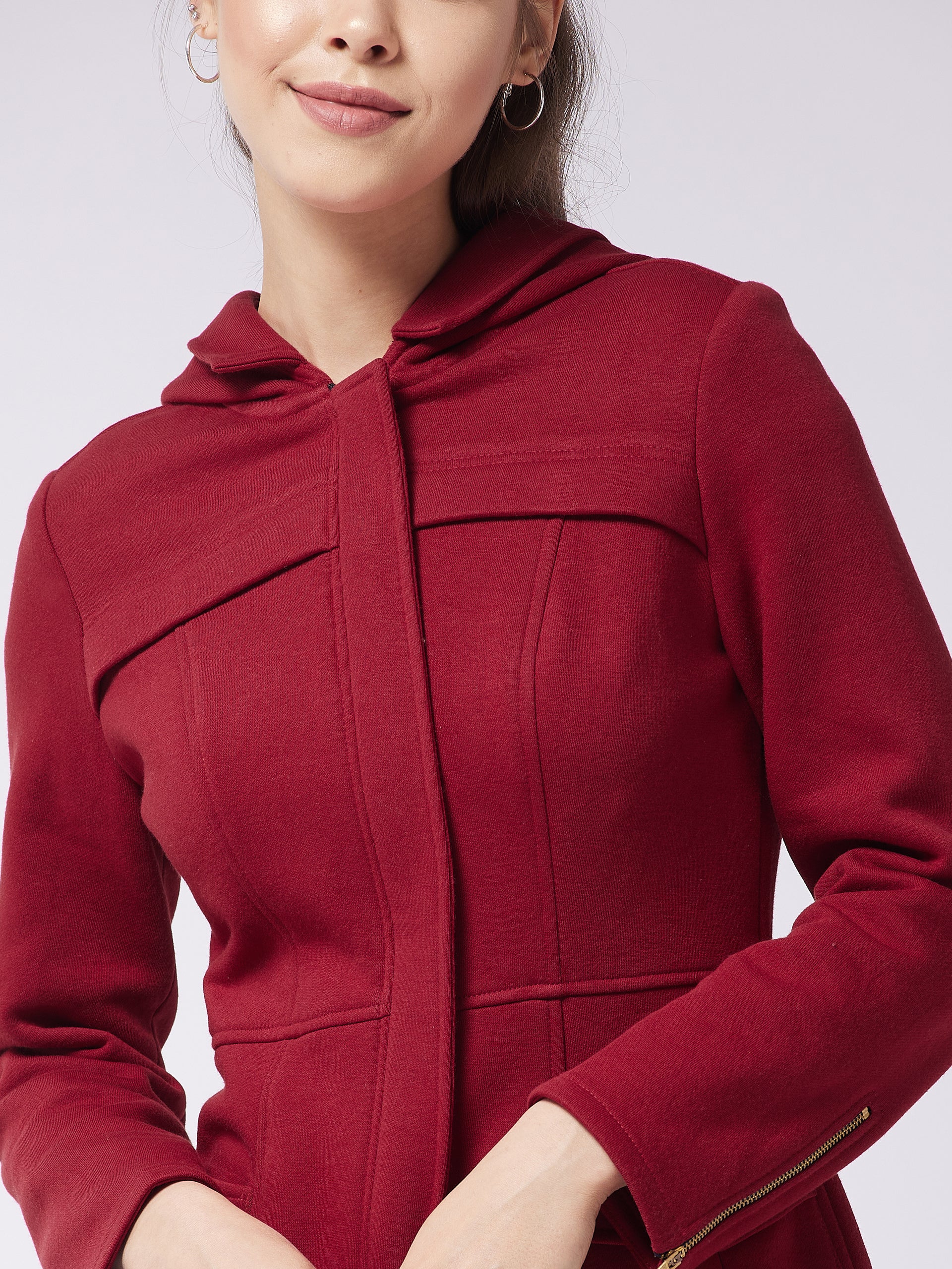 Women's Maroon Hooded Full Sleeve Solid Longline Jacket