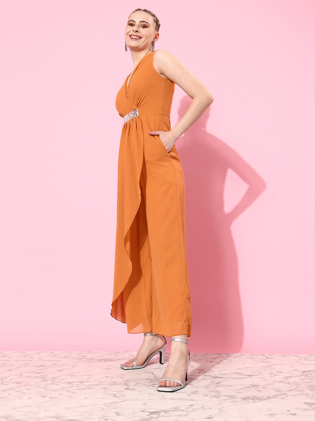 Women's Dusty Orange Colored V-Neck Sleeveless Embellished Wrap Regular-Length Jumpsuit