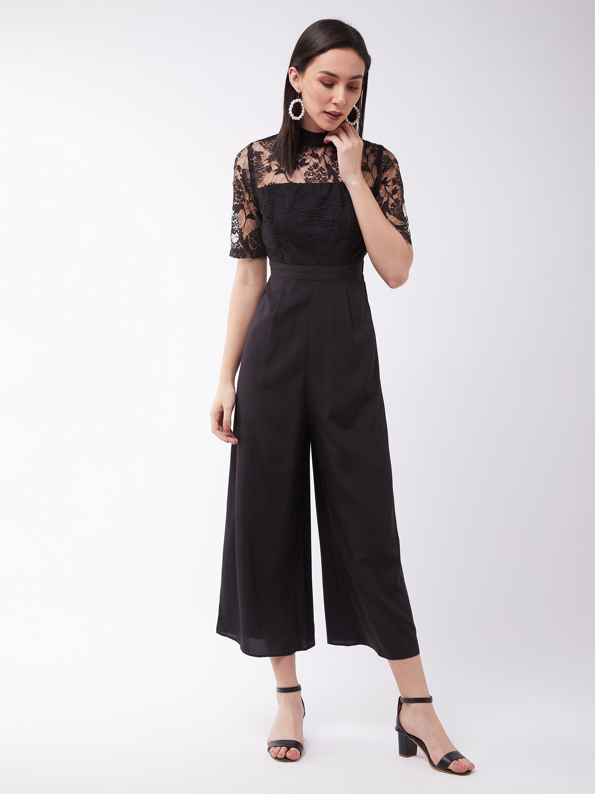 Women's Black Floral Printed Crepe Regular Fit Polo Neck Short Sleeve Regular Length Jumpsuit