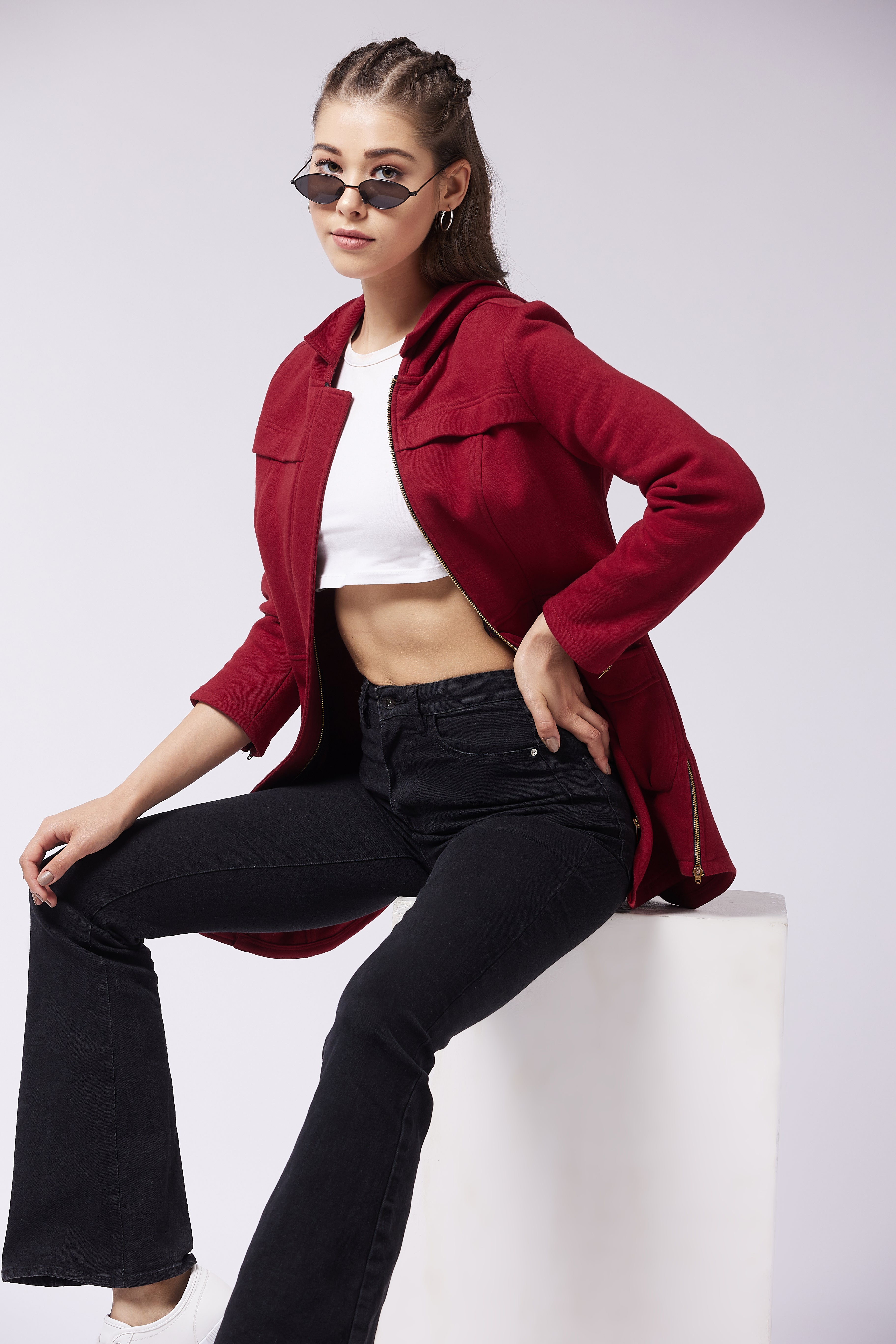 Women's Maroon Hooded Full Sleeve Solid Longline Jacket