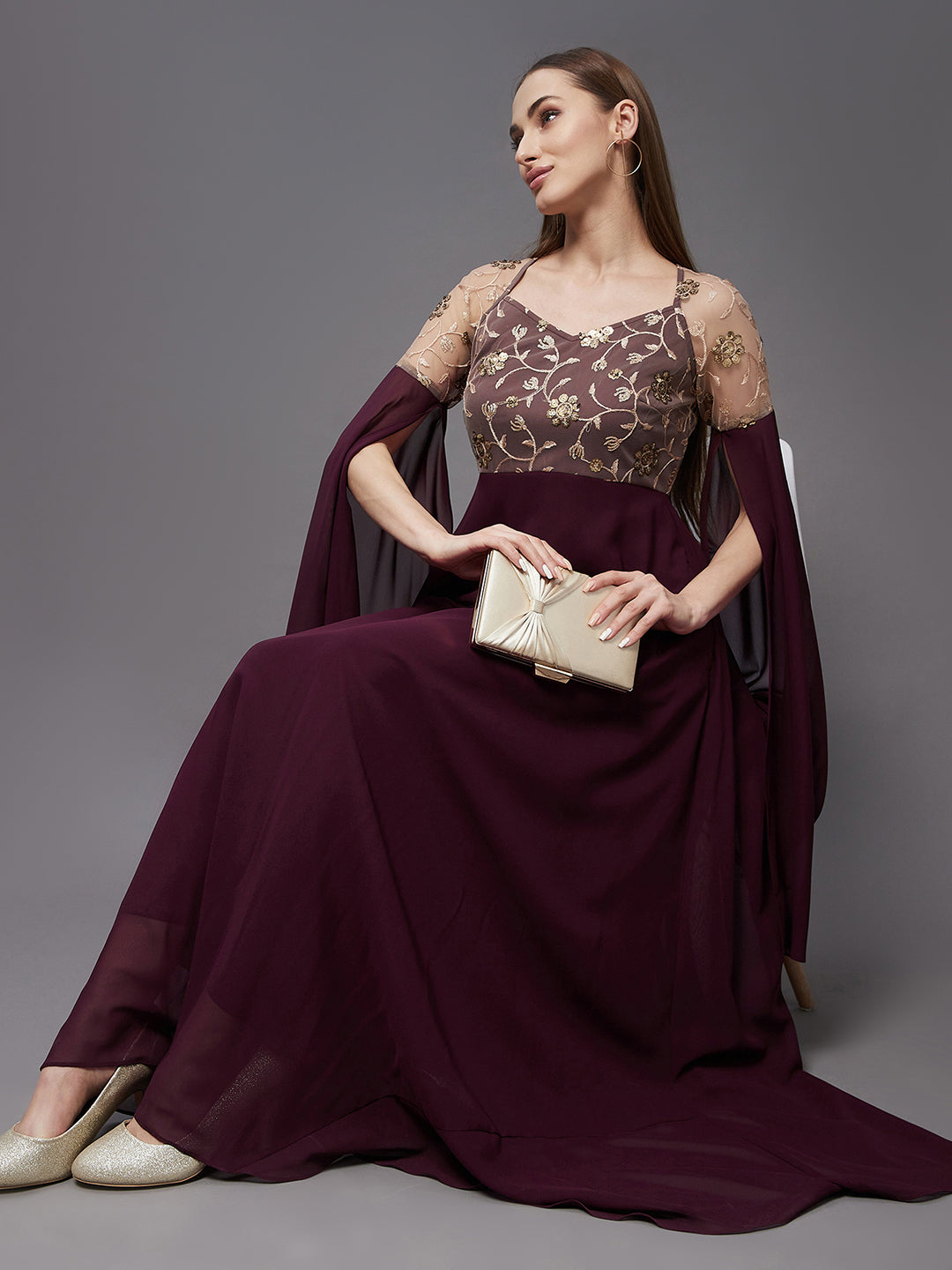 Women's Wine V-Neck Flared Long sleeve Embroidered Fit & Flare Maxi Dress