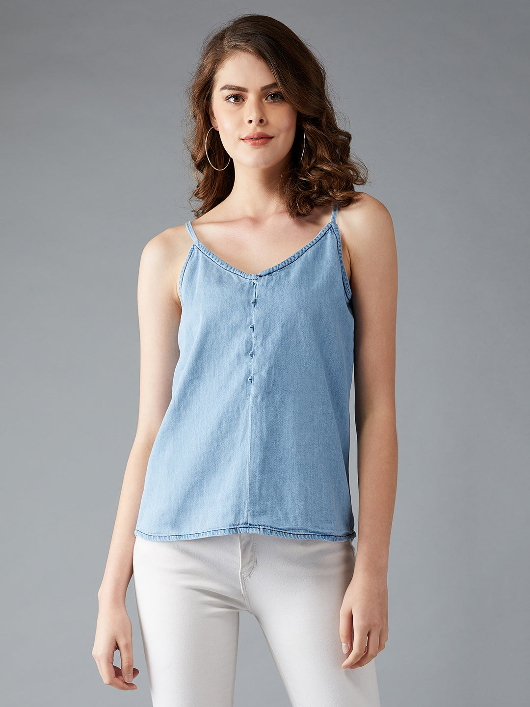 Women's Light Blue V Neck Sleeveless Cotton Solid Denim Spaghetti Top