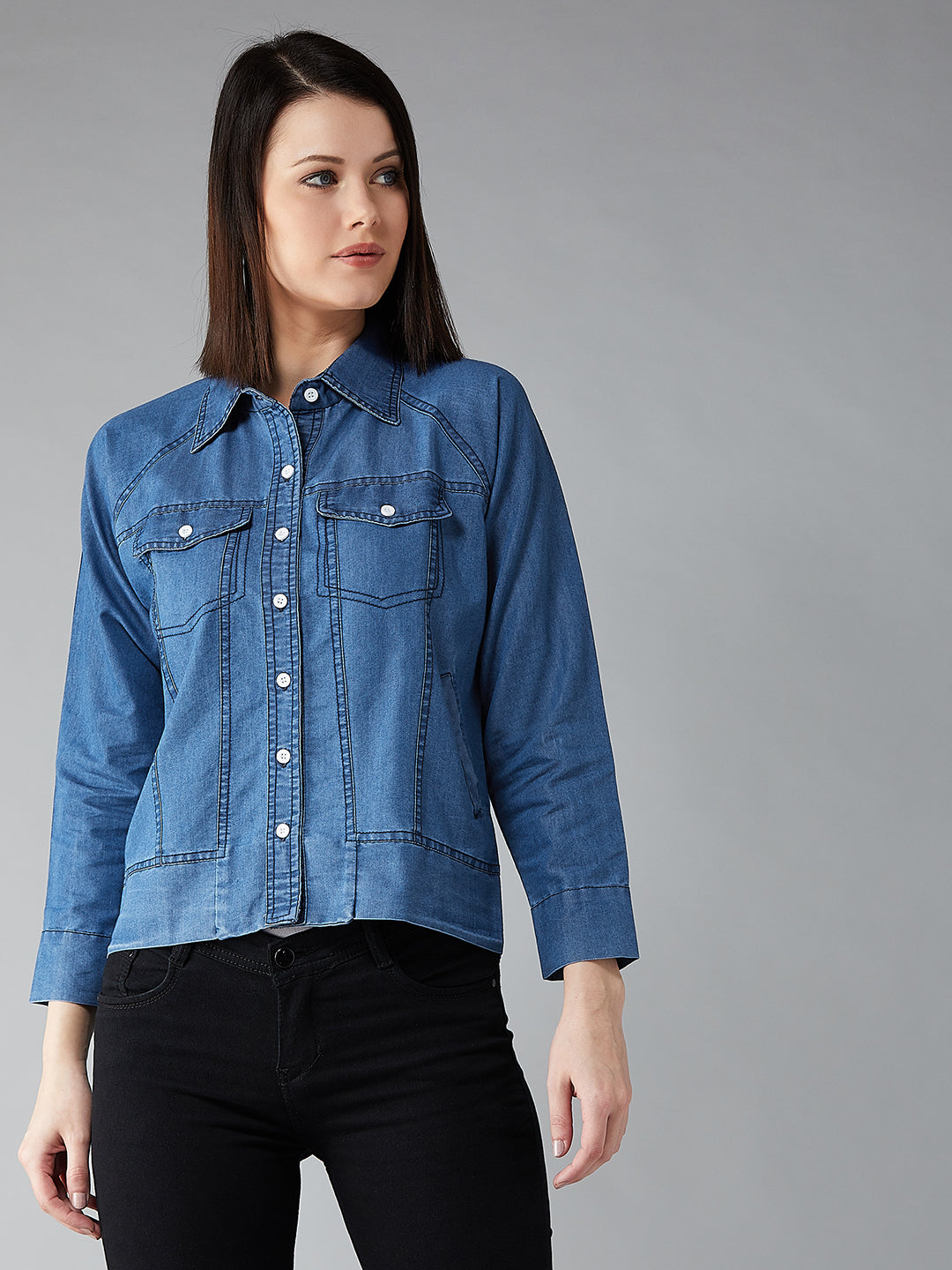 Women's Blue Collared Polo Neck Full Sleeve Solid Buttoned Denim Bomber Jacket