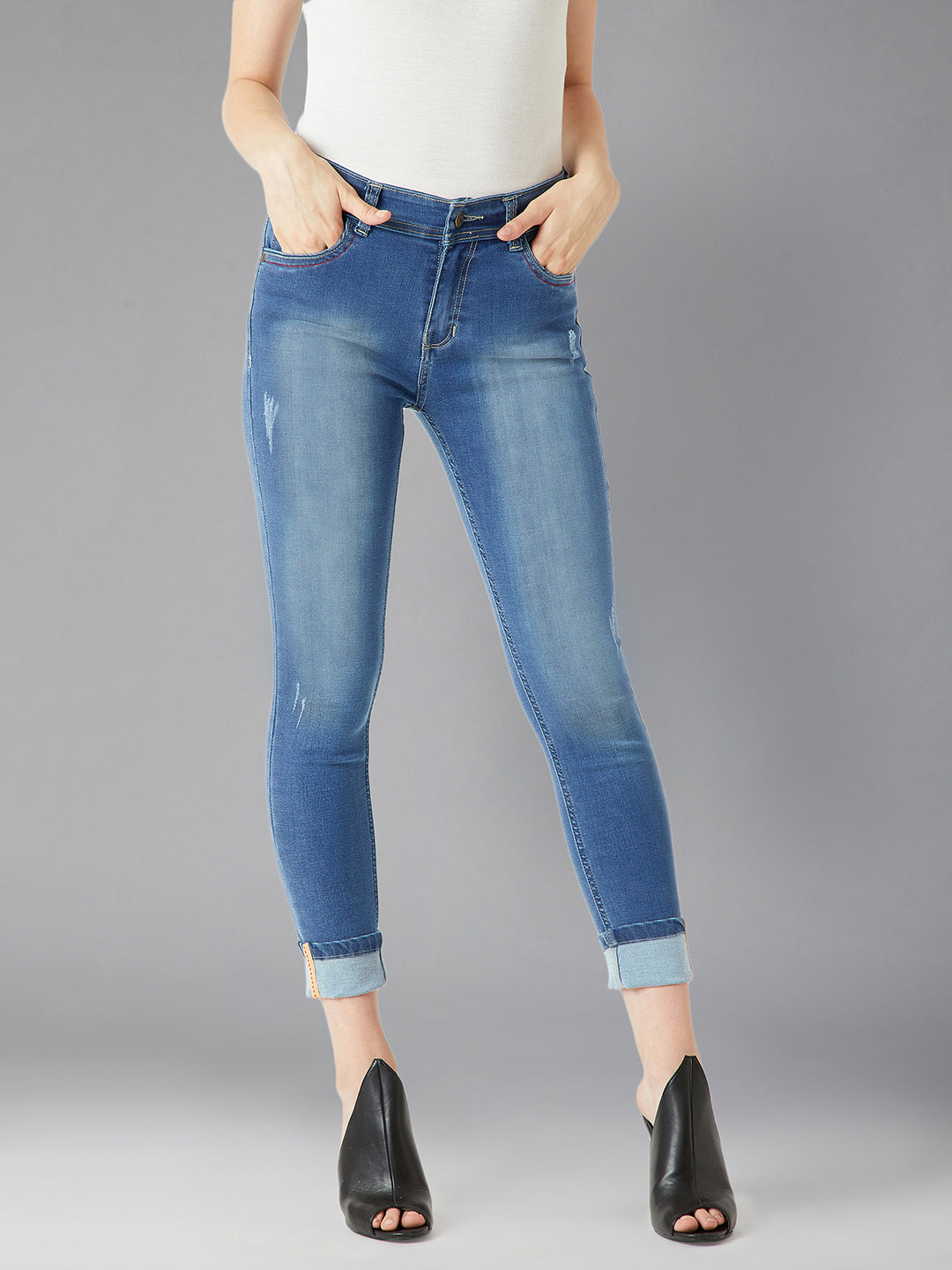 Women's Blue Skinny Fit High Rise Twill Tape Detailing Scraped Stretchable Denim Jeans