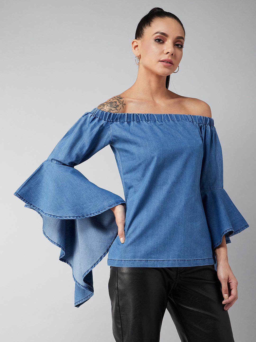 Women's Blue Off-Shoulder Ruffled Full Sleeves Solid Denim Top