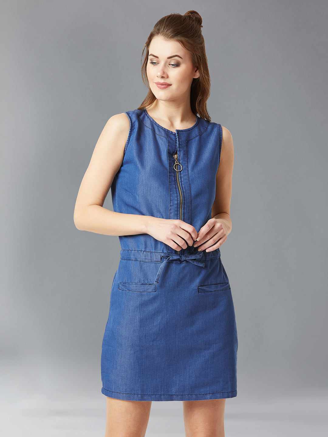 Women's Blue Polo Neck Sleeveless Denim Solid Midi Shift Dress