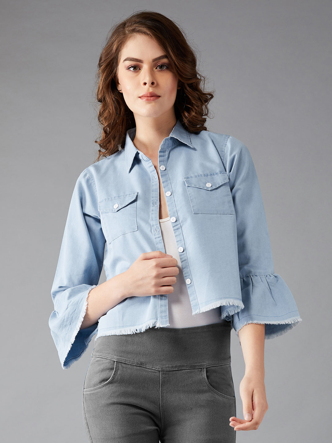 Women's Light Blue Polo Neck Ruffled Full Sleeve Solid Regular Length Open Front Denim Jacket