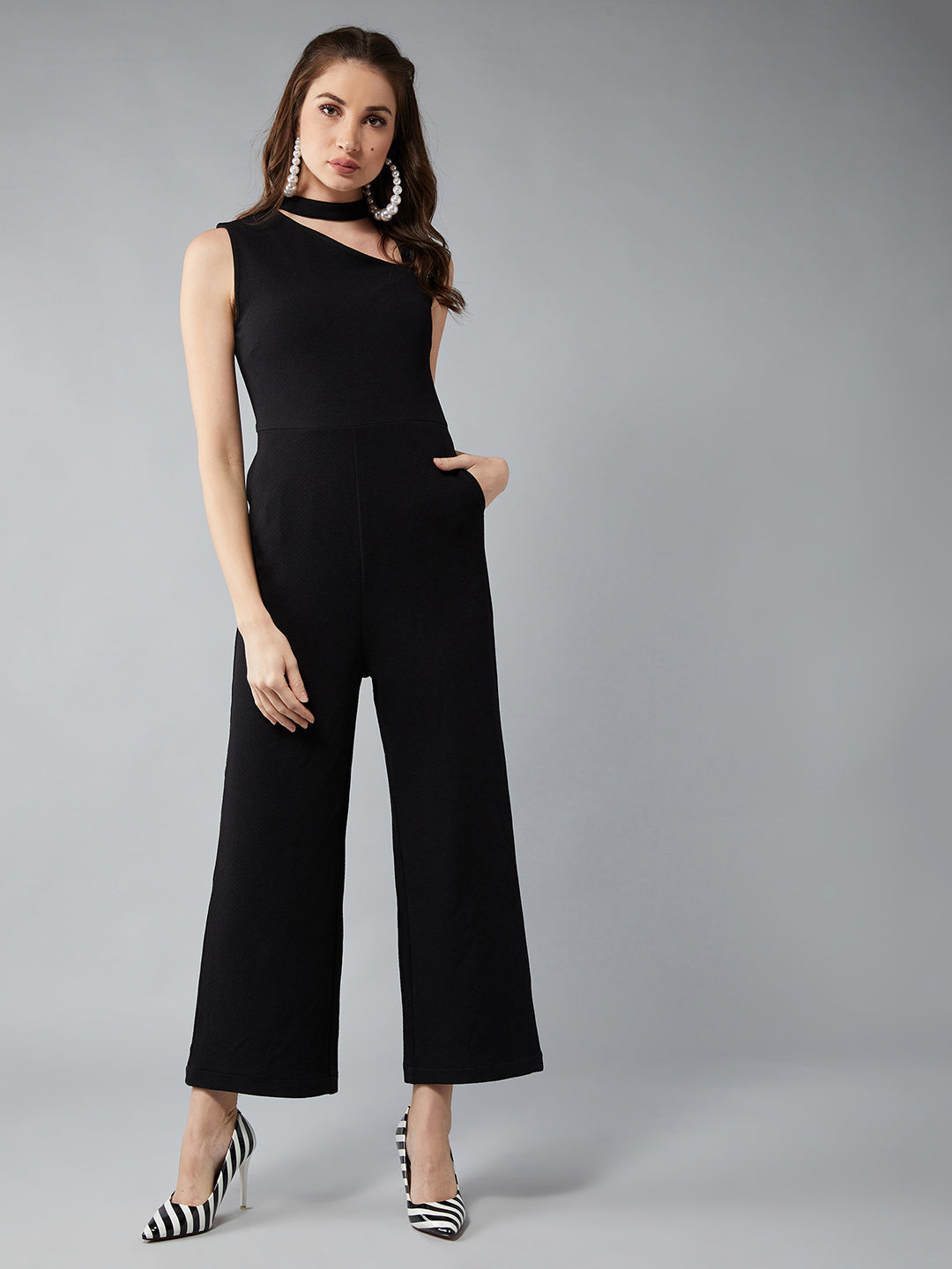 Women's Black V-Neck Sleeveless Solid Wide Leg Regular Length Jumpsuit