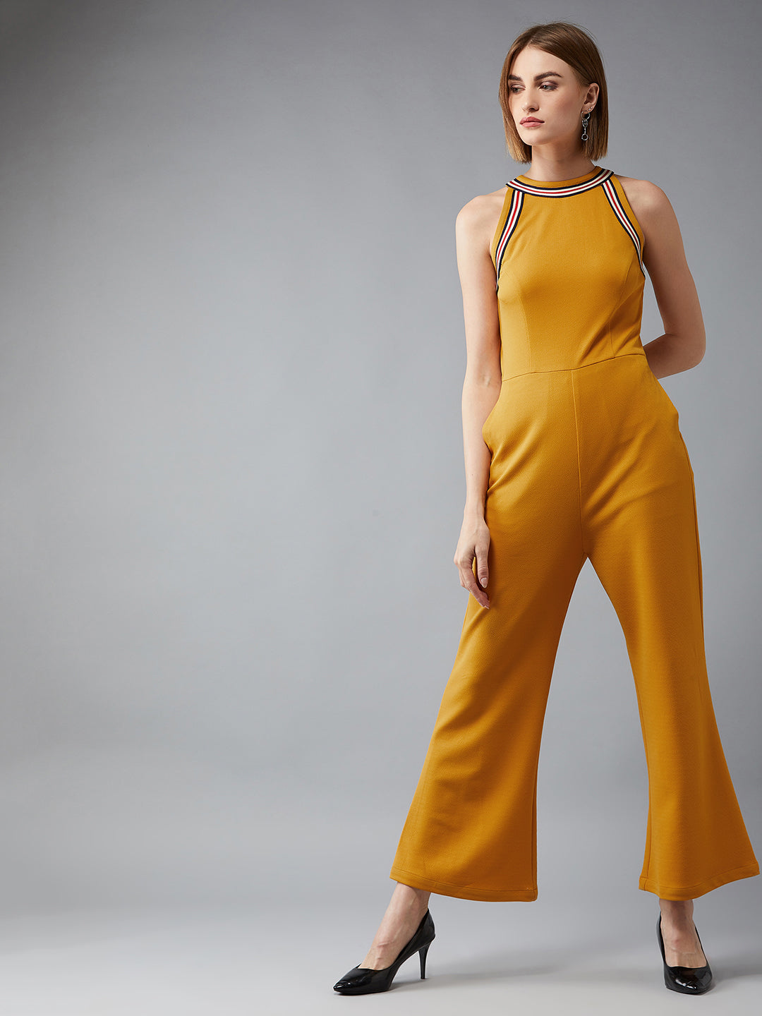 Women's Mustard Yellow Halter Neck Sleeveless Polyknitted Solid Straight Leg Regular Length Jumpsuit