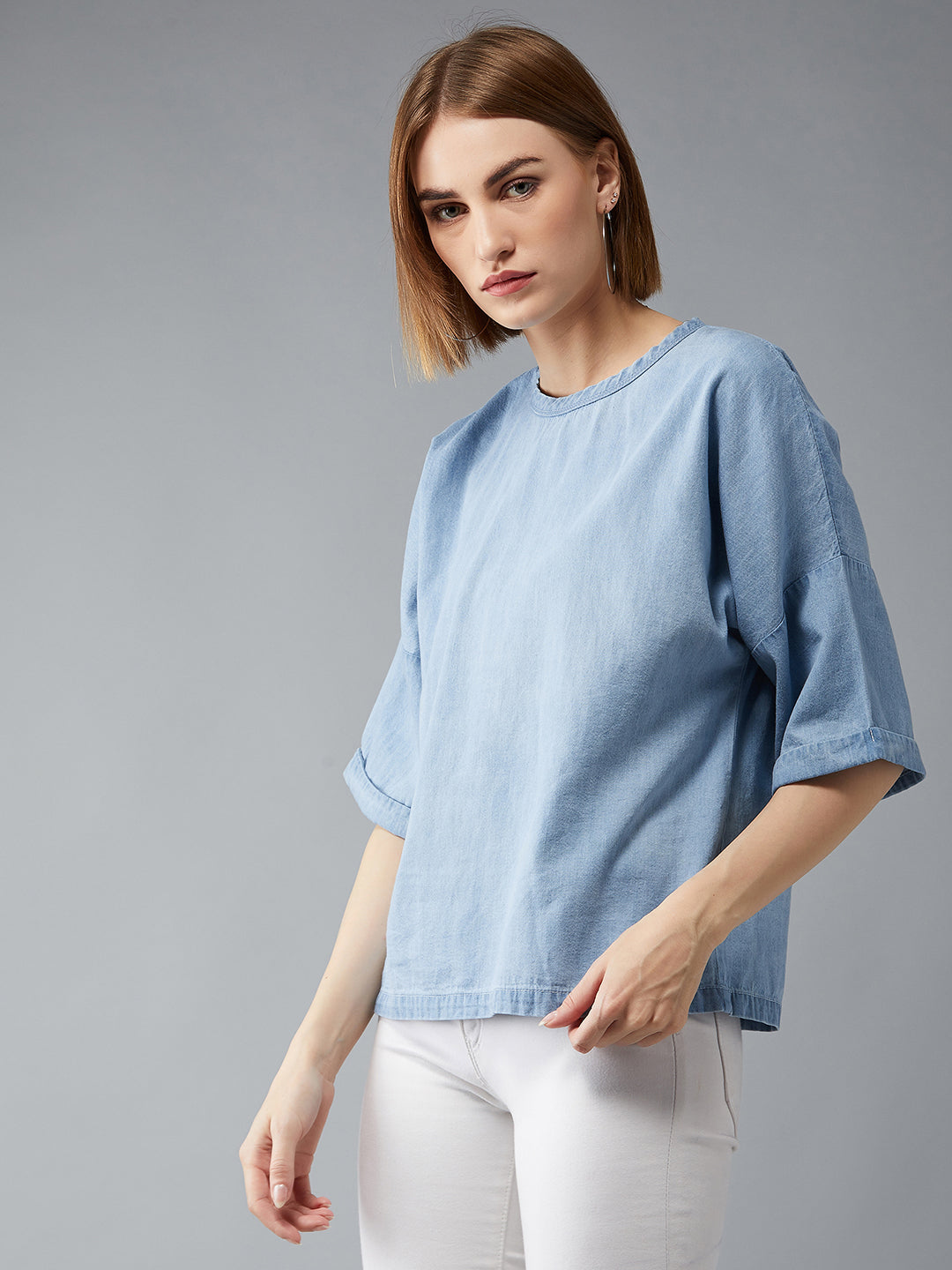 Women's Light Blue Round Neck Half Sleeves Solid Boxy Regular Top