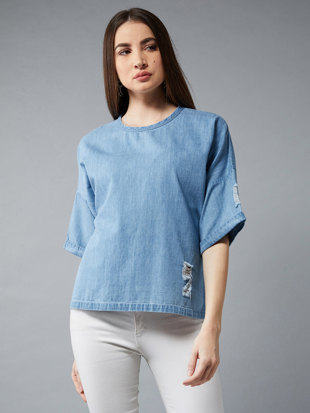 Women's Light Blue Round Neck Half Sleeves Solid Boxy Regular Ripped Top