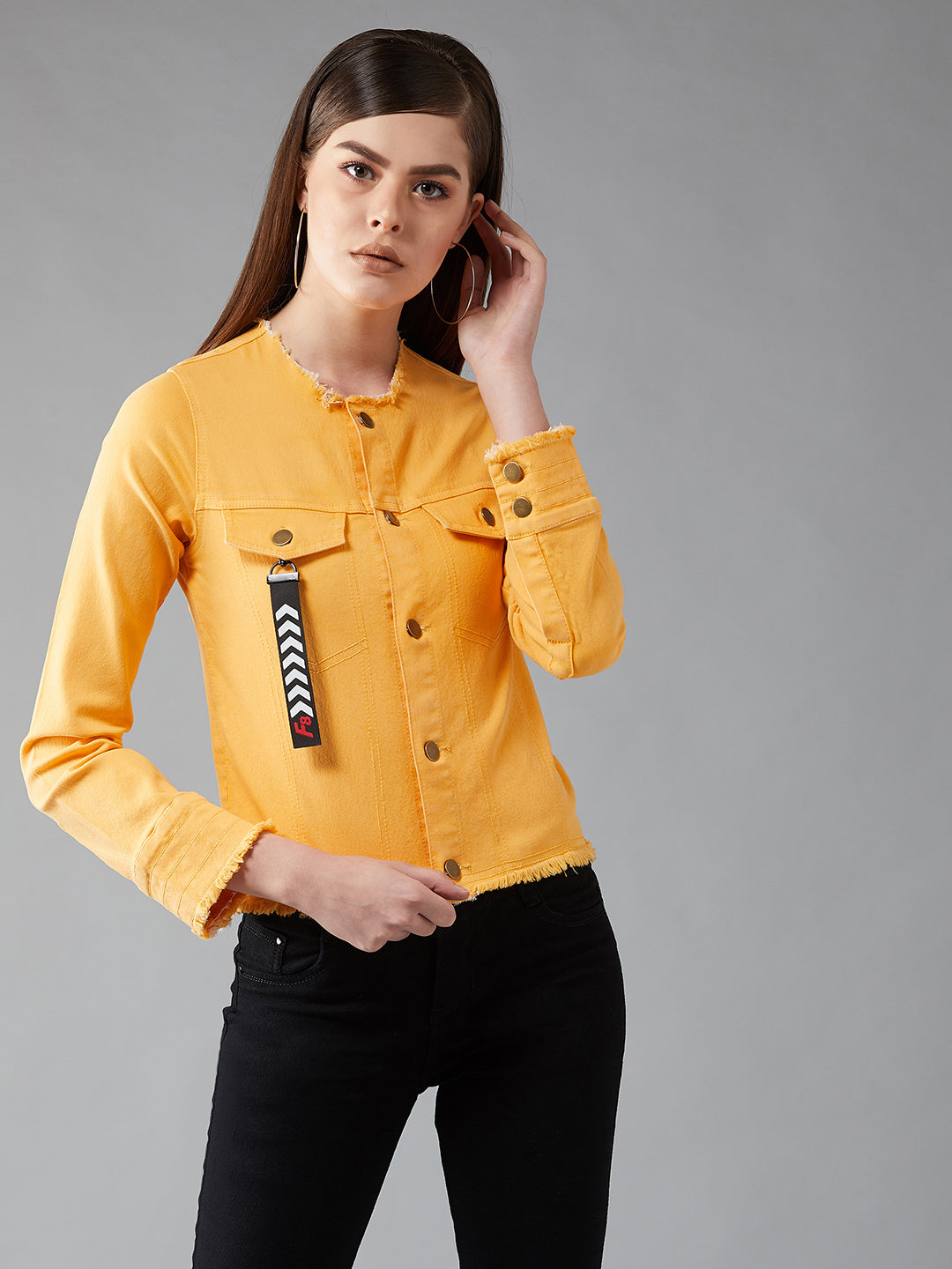 Women's Yellow overdyed Round Neck Full Sleeves Denim Regular Length Fringed Jacket