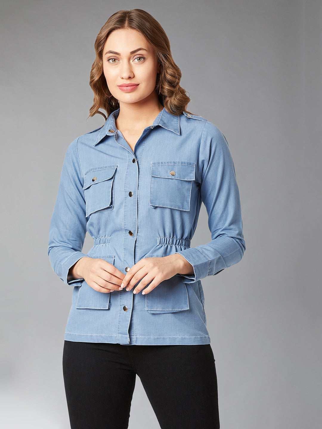 Women's Light Blue Polo Neck Full Sleeves Denim Solid Regular Length Jacket