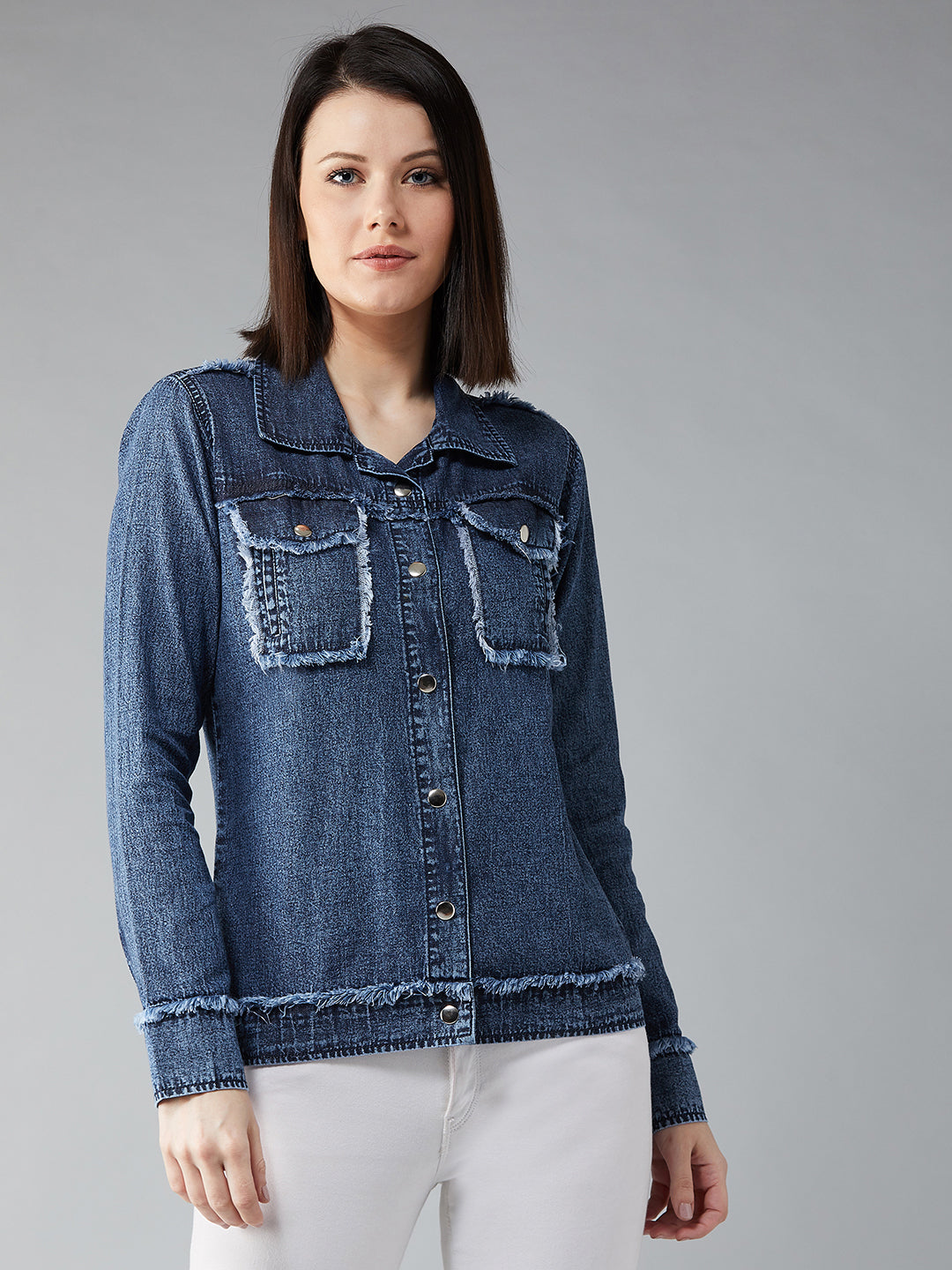 Women's Blue Polo Neck Full Sleeves Snap Button Detailing Denim Solid Regular Length Jacket