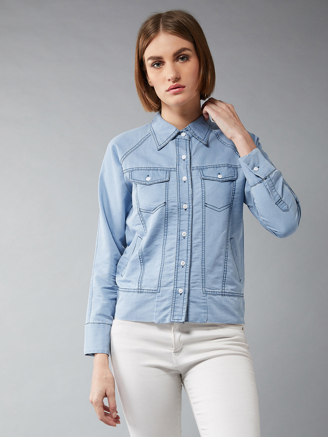 Women's Light Blue Polo Neck Full Sleeves Flap Detailing Denim Solid Regular Length Bomber Jacket