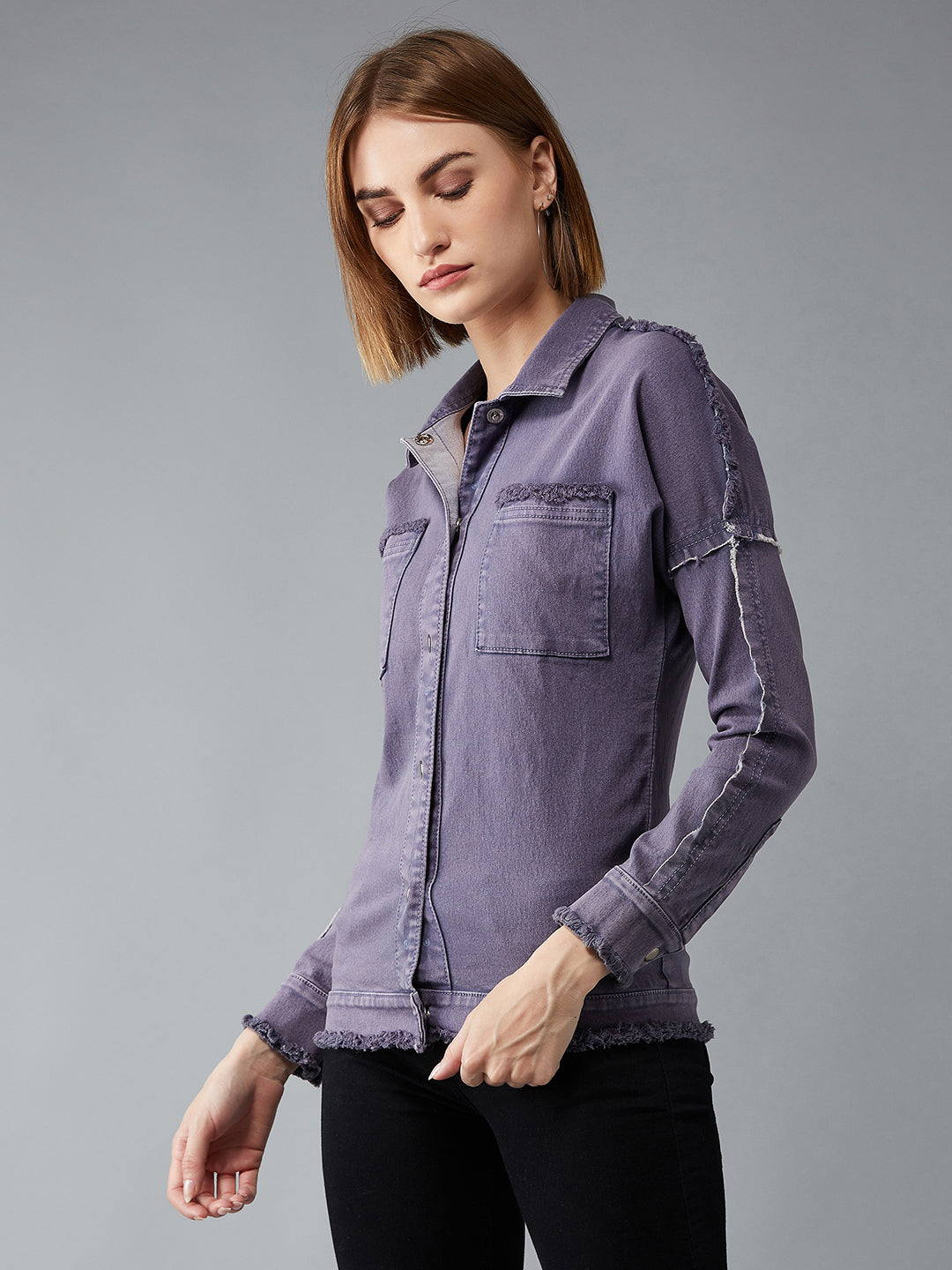 Women's Lilac Polo Neck Full Sleeves Denim Bomber Regular Length Jacket