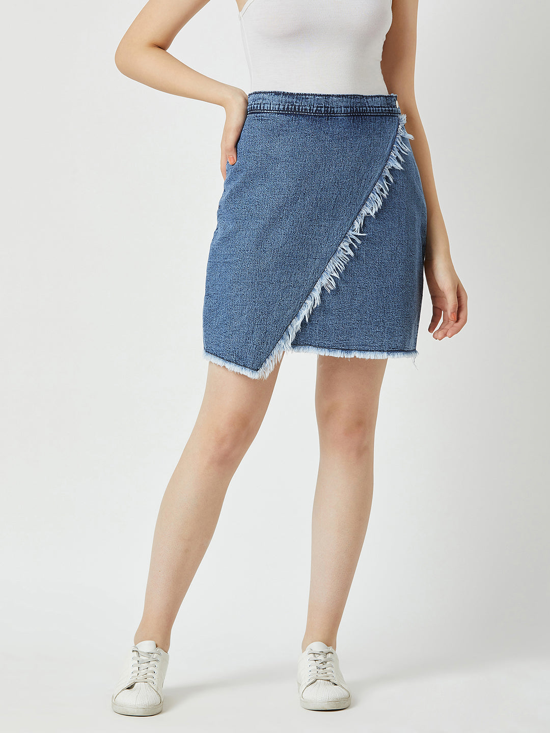 Women's Blue Regular Fit Mid Rise Clean Look Mini Denim Skirt