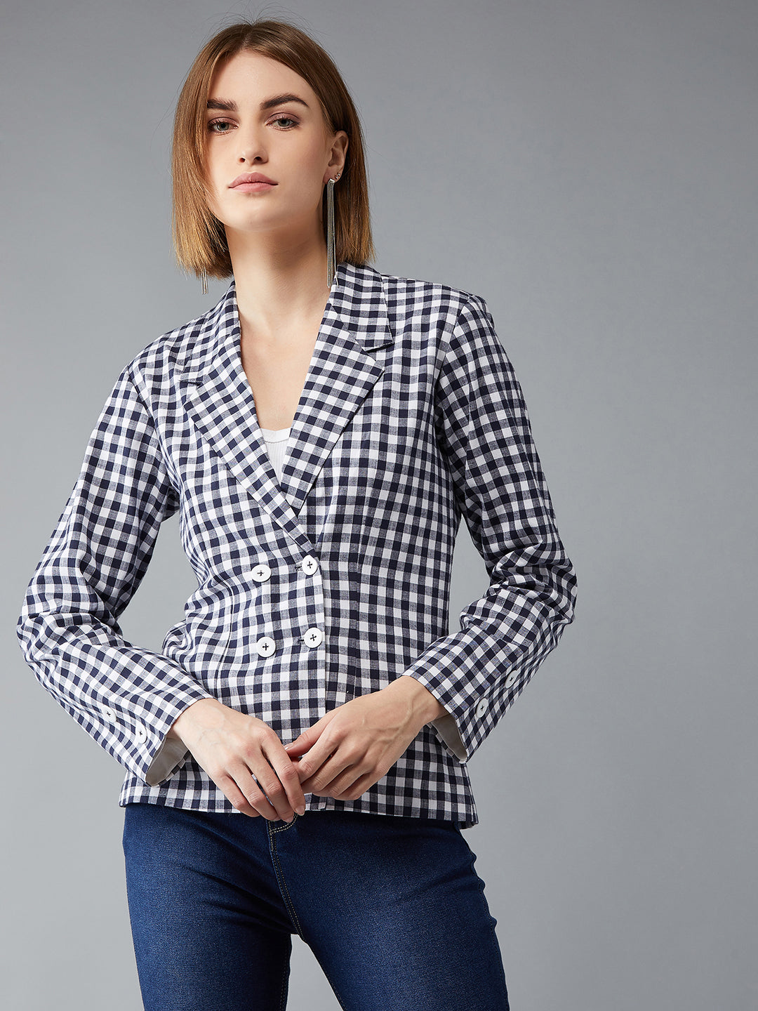 Women's Navy Blue and White Collared Full Sleeves Checkered Notched Jacket