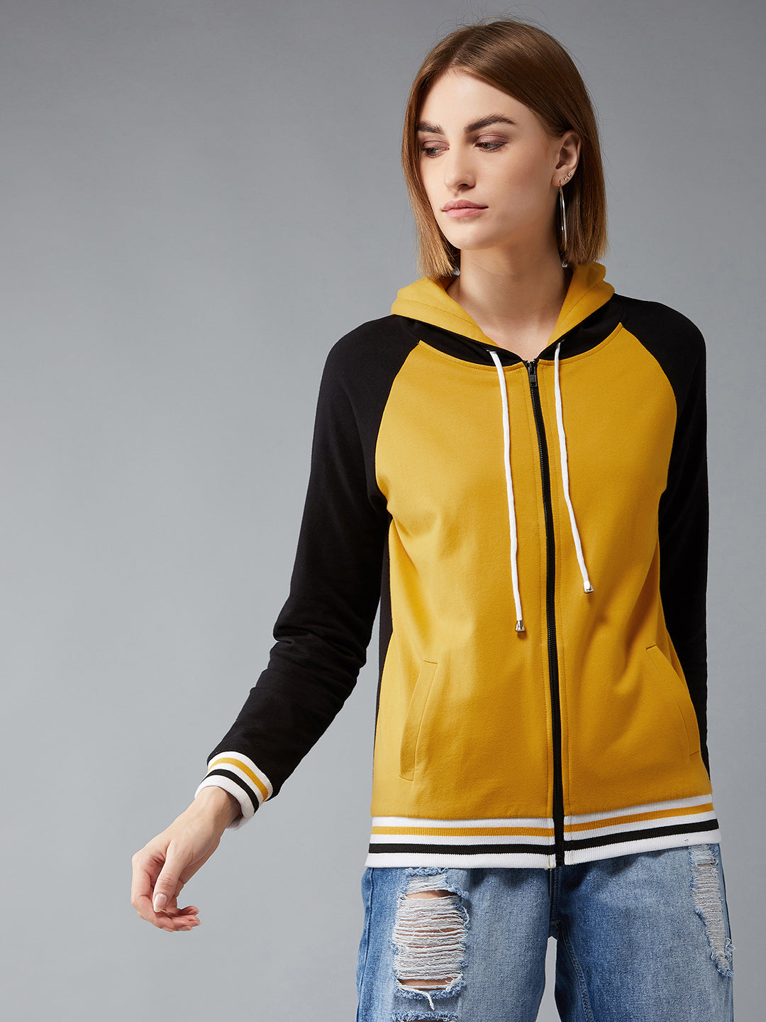 Women's Multicolored- Base- Mustard Yellow Hooded Full Sleeves Loopknit, Rib Solid Color-Block/Raglan Regular Length Jacket